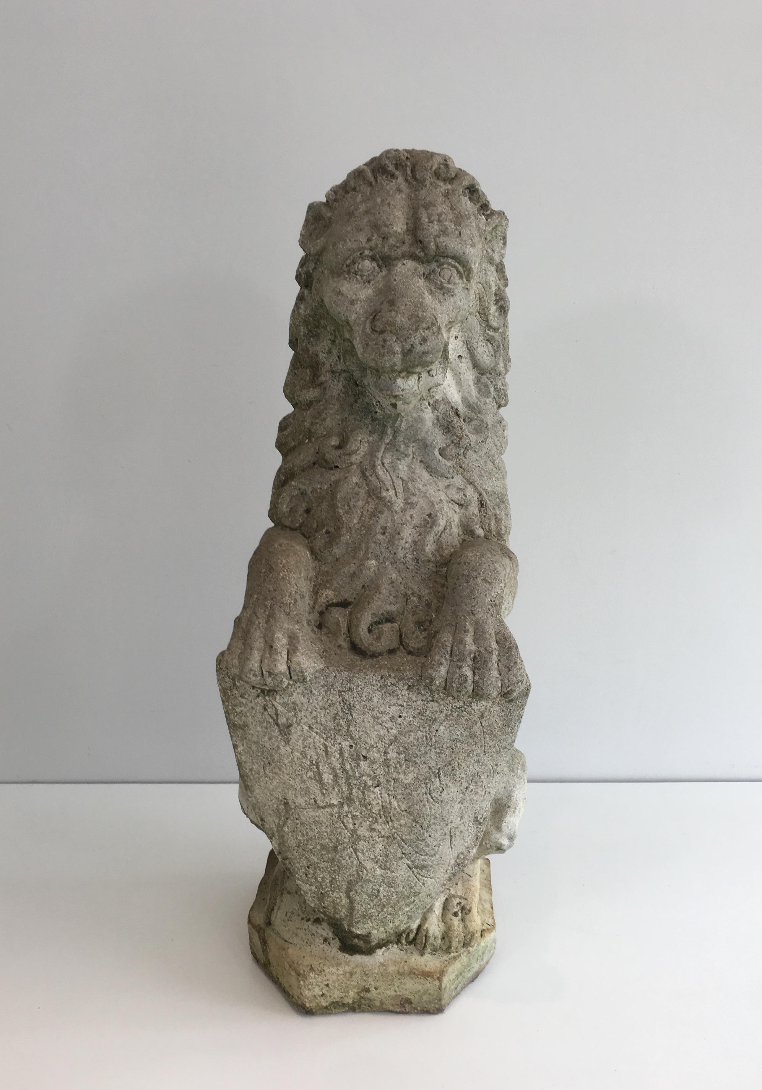 Pair of Cement Lions Standing with a Shield, French, circa 1950 10