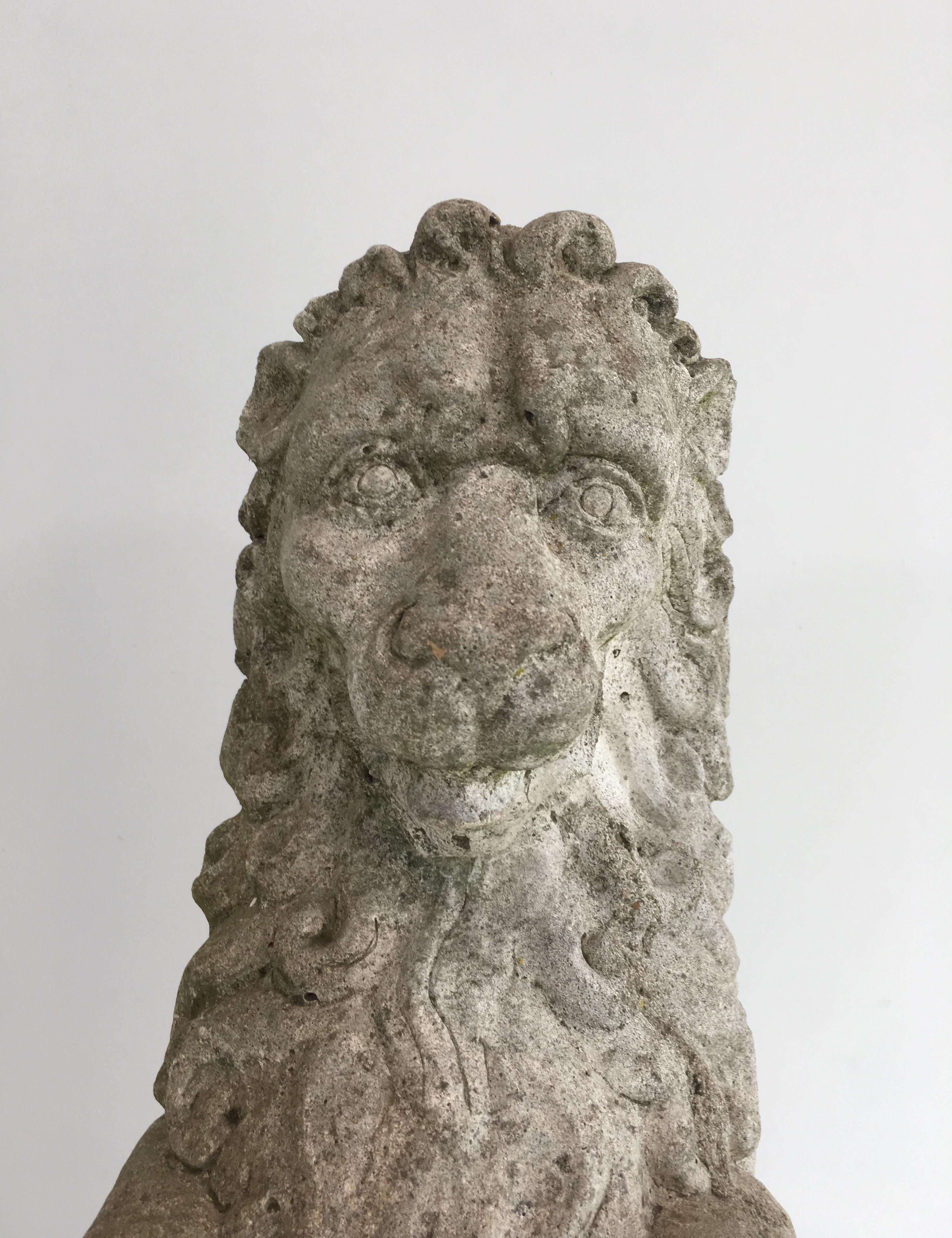 Pair of Cement Lions Standing with a Shield, French, circa 1950 11