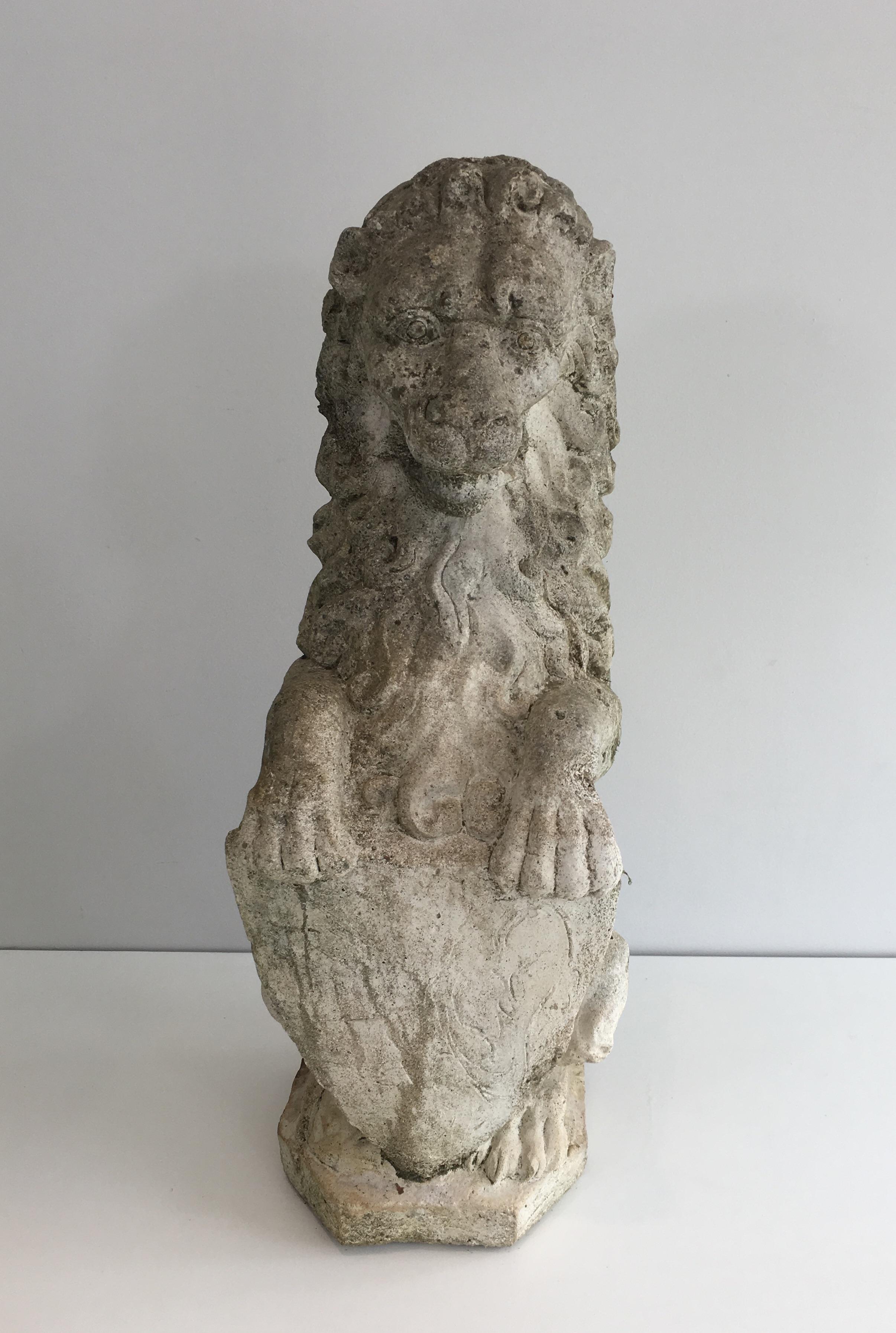 Pair of Cement Lions Standing with a Shield, French, circa 1950 12