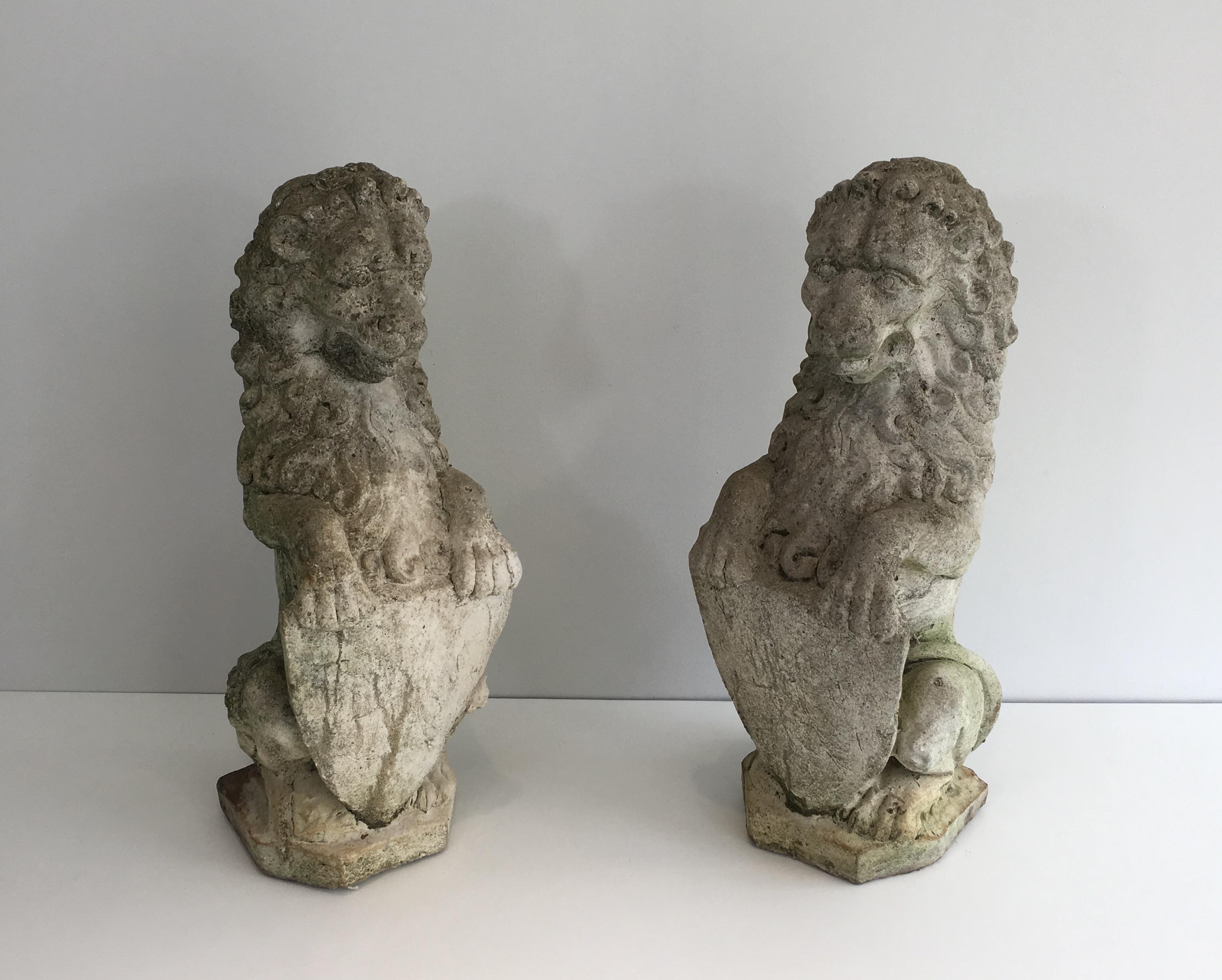 Pair of Cement Lions Standing with a Shield, French, circa 1950 13