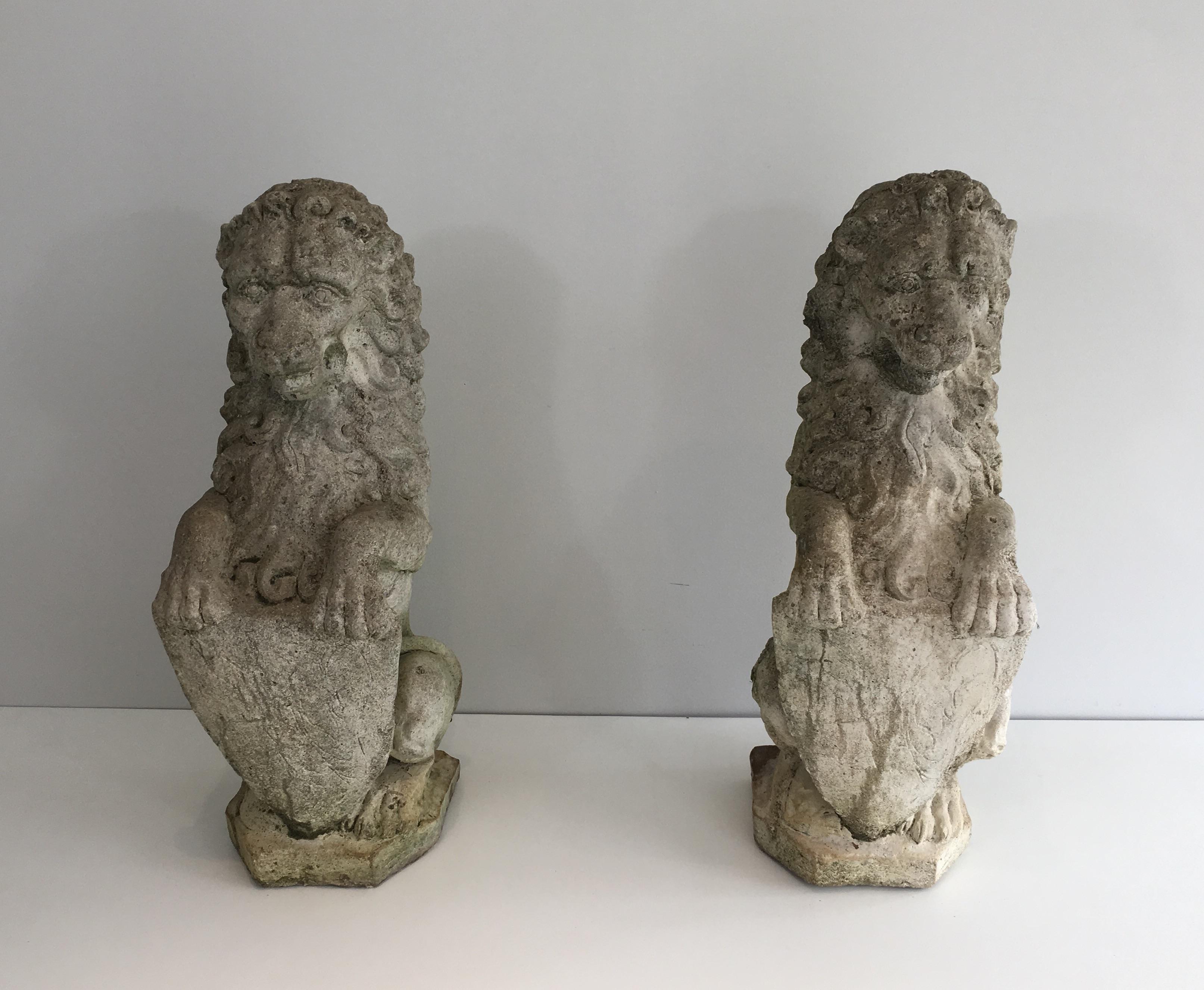 Pair of Cement Lions Standing with a Shield, French, circa 1950 14