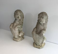 Pair of Cement Lions Standing with a Shield, French, circa 1950