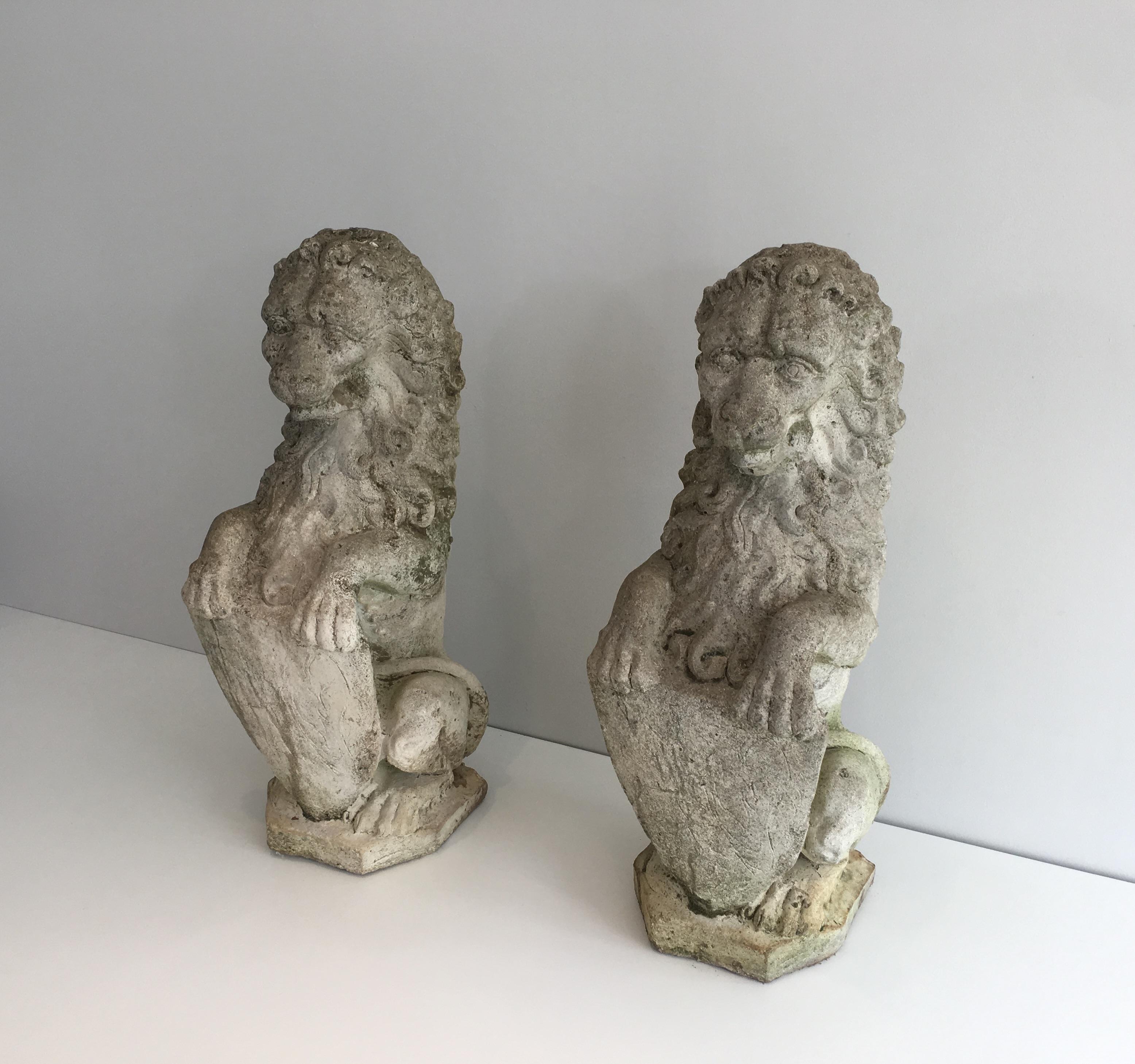 Pair of Cement Lions Standing with a Shield, French, circa 1950 15