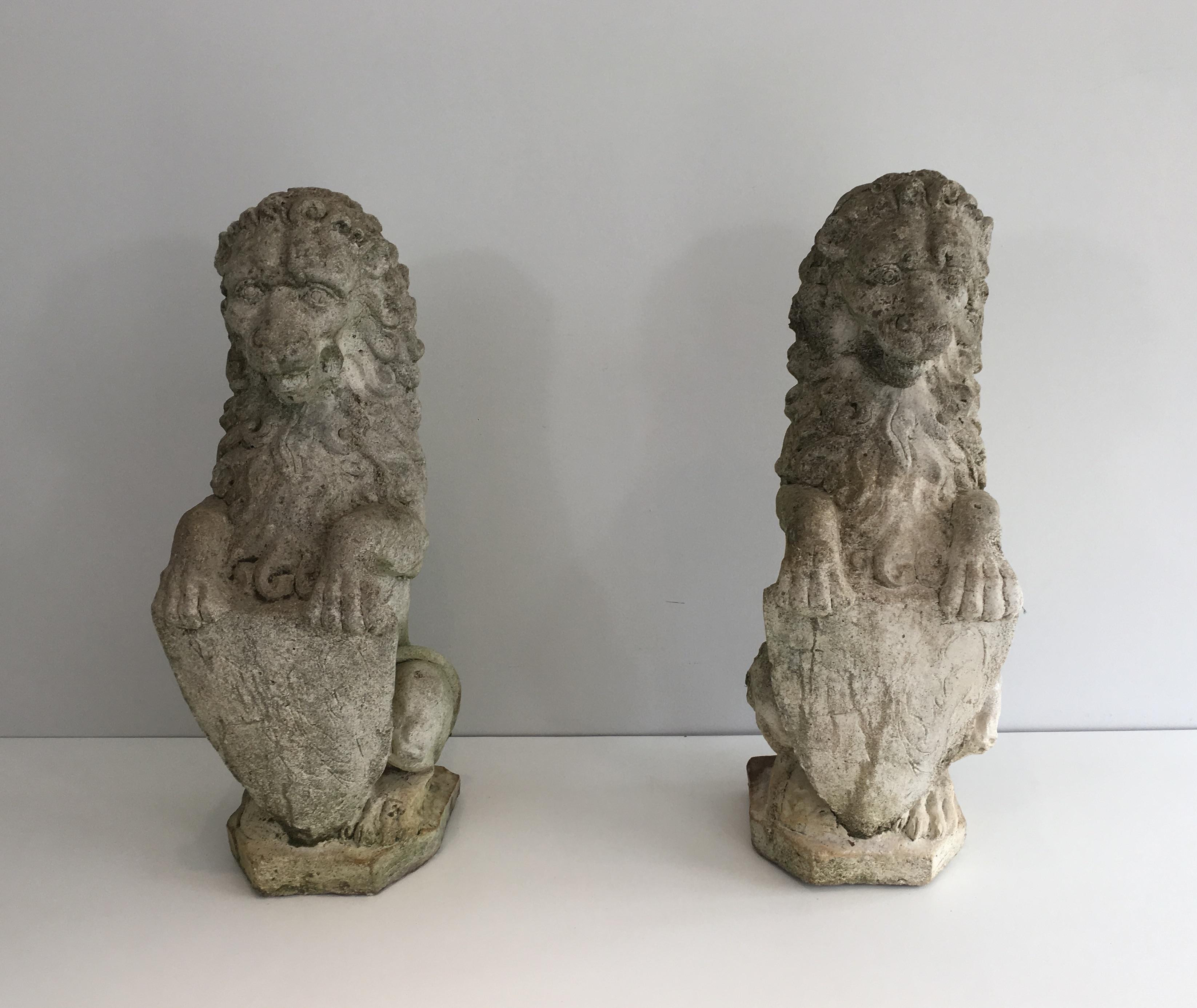 Louis XVI Pair of Cement Lions Standing with a Shield, French, circa 1950