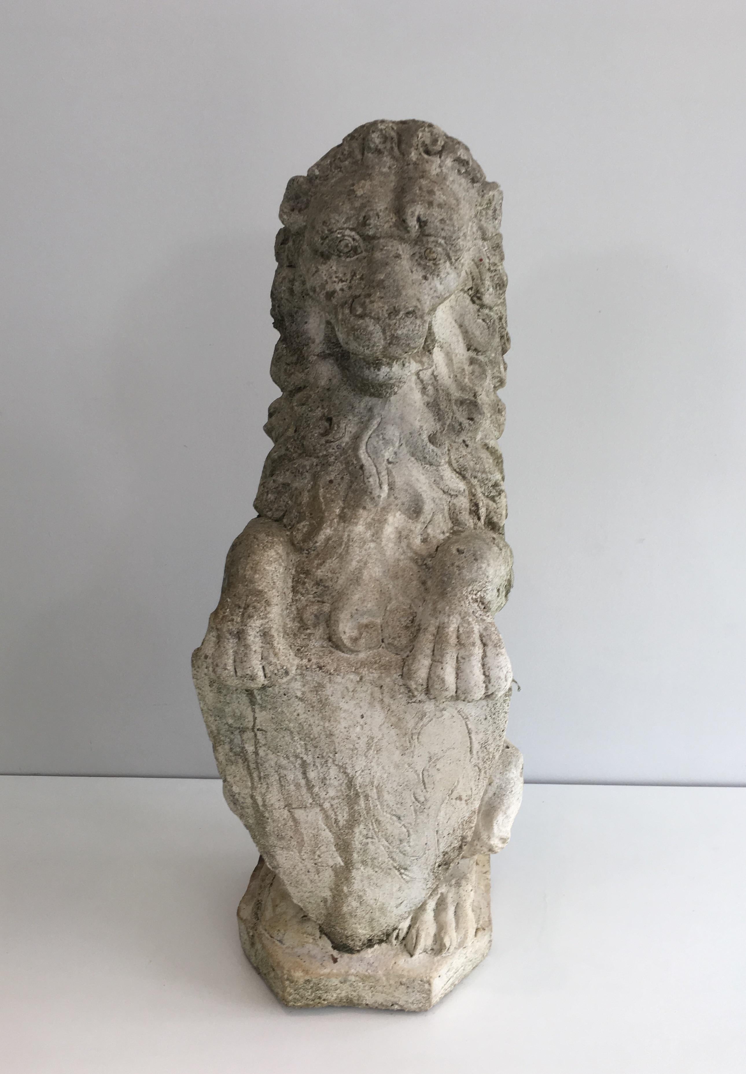 Mid-20th Century Pair of Cement Lions Standing with a Shield, French, circa 1950