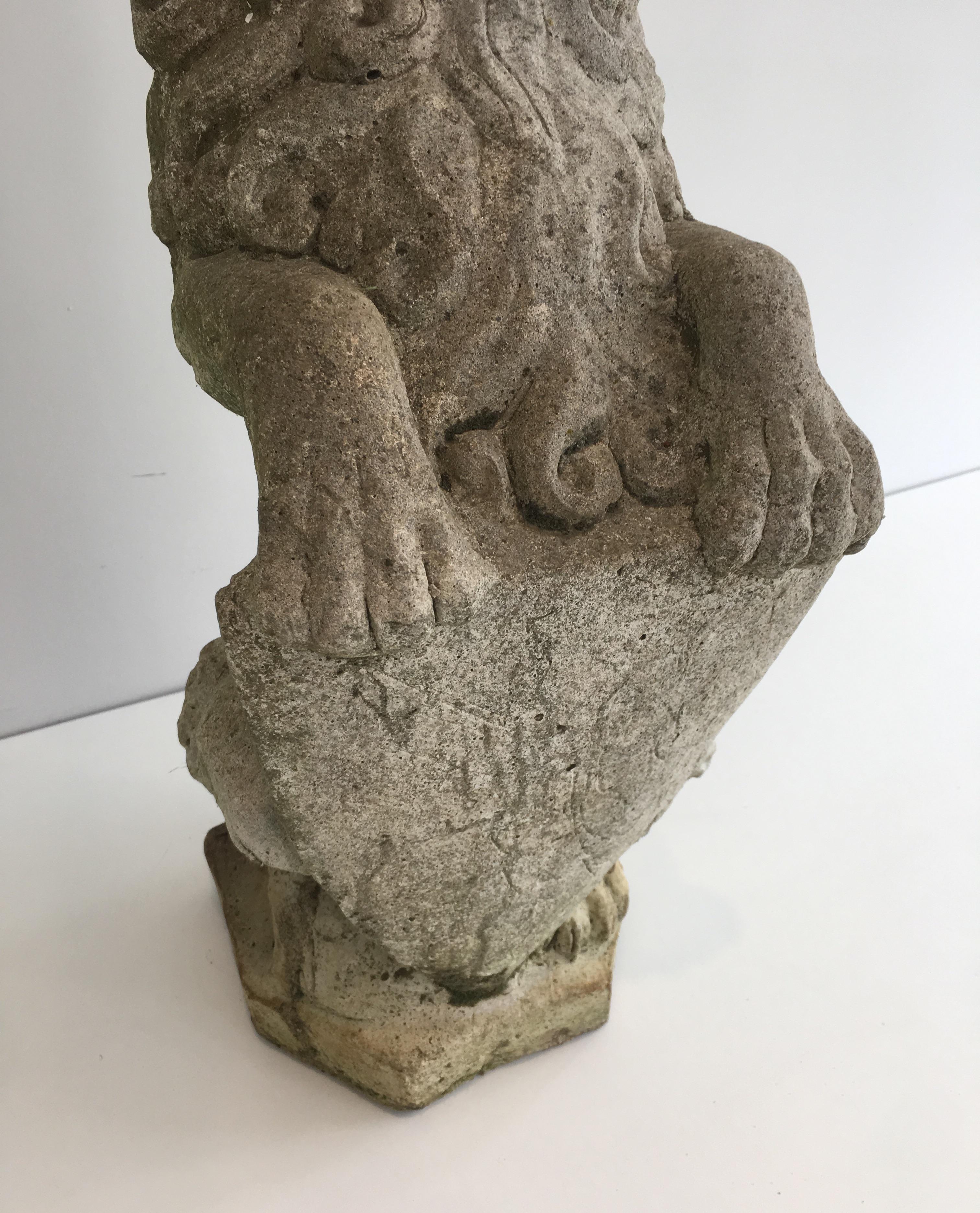 Pair of Cement Lions Standing with a Shield, French, circa 1950 2