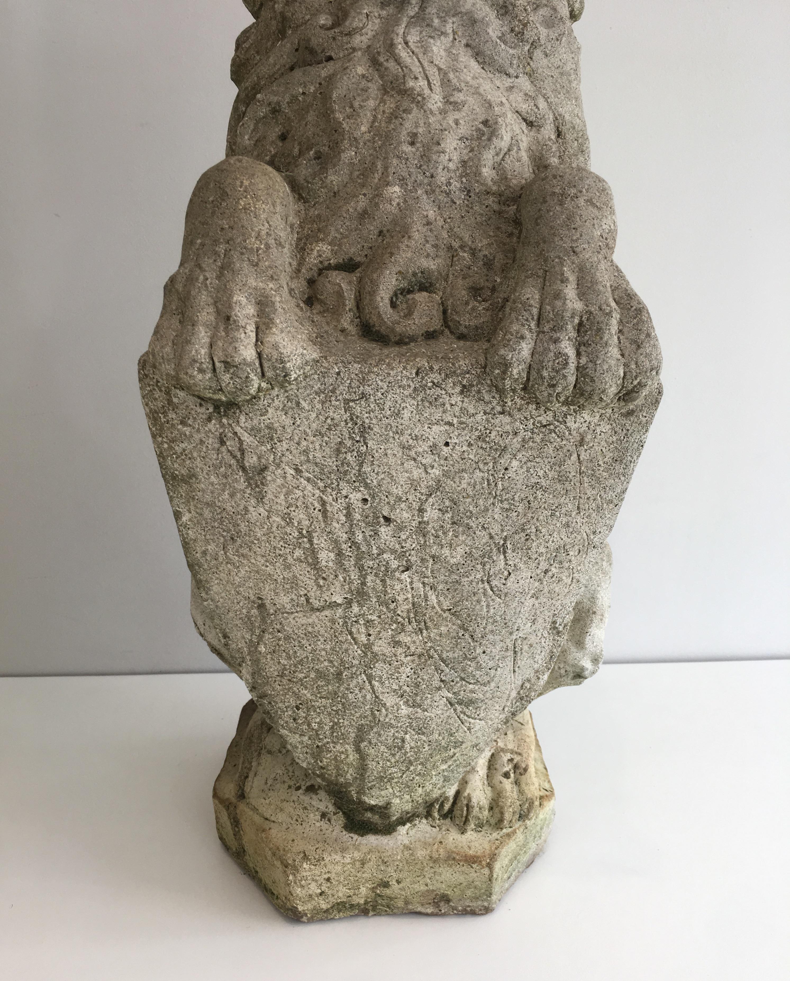 Pair of Cement Lions Standing with a Shield, French, circa 1950 3