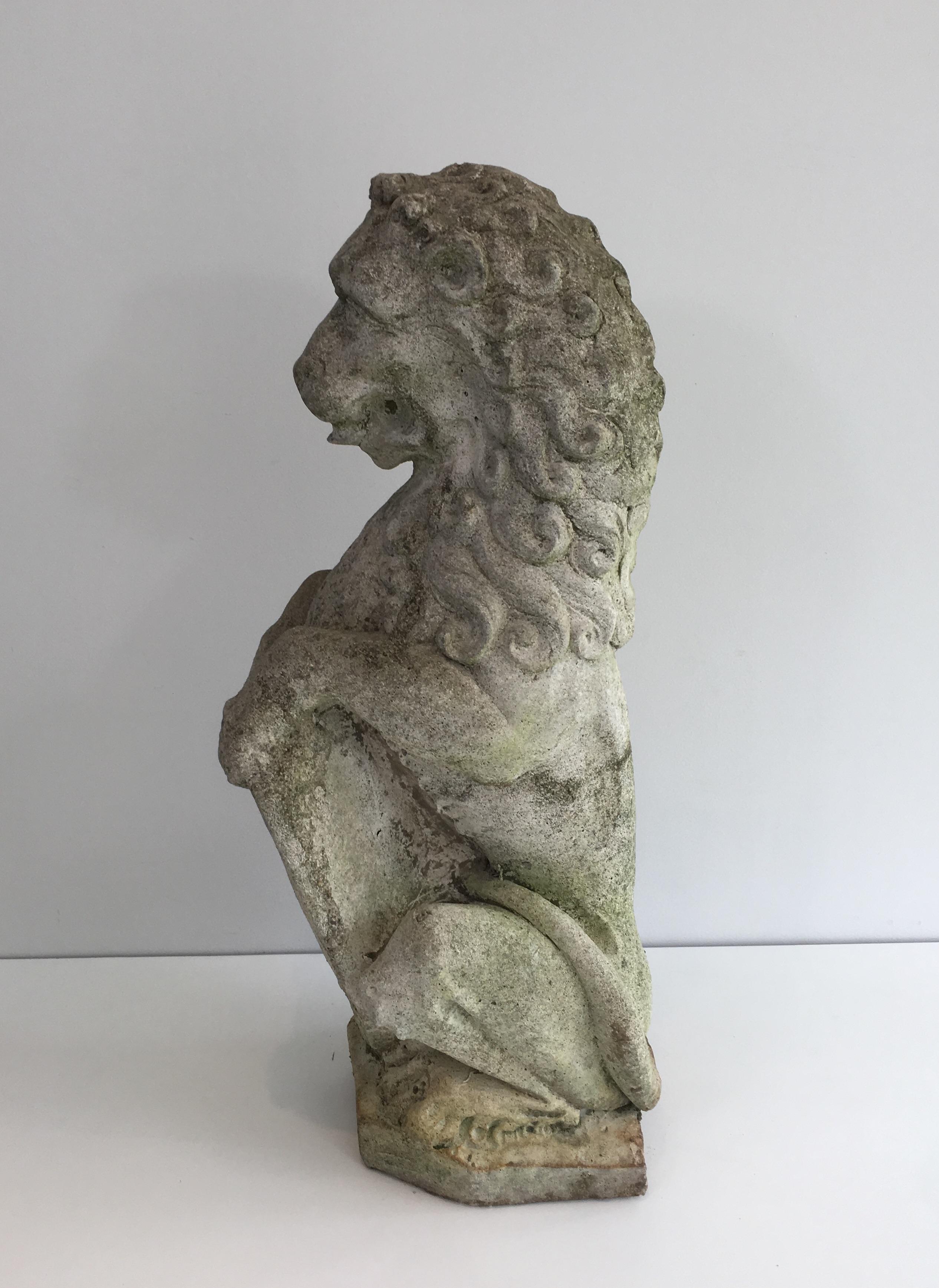 Pair of Cement Lions Standing with a Shield, French, circa 1950 4