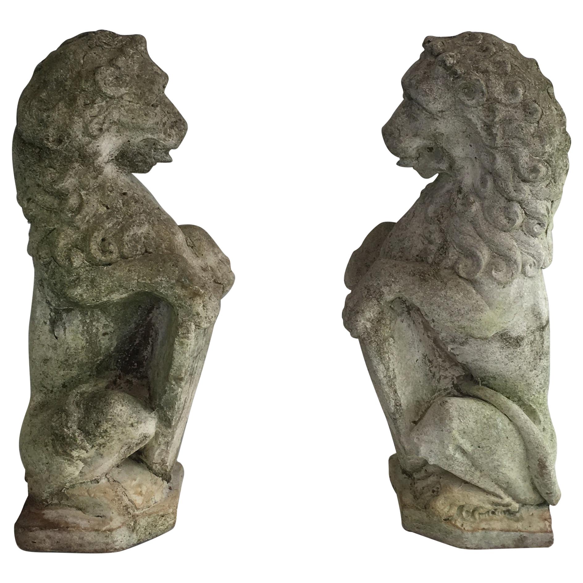 Pair of Cement Lions Standing with a Shield, French, circa 1950
