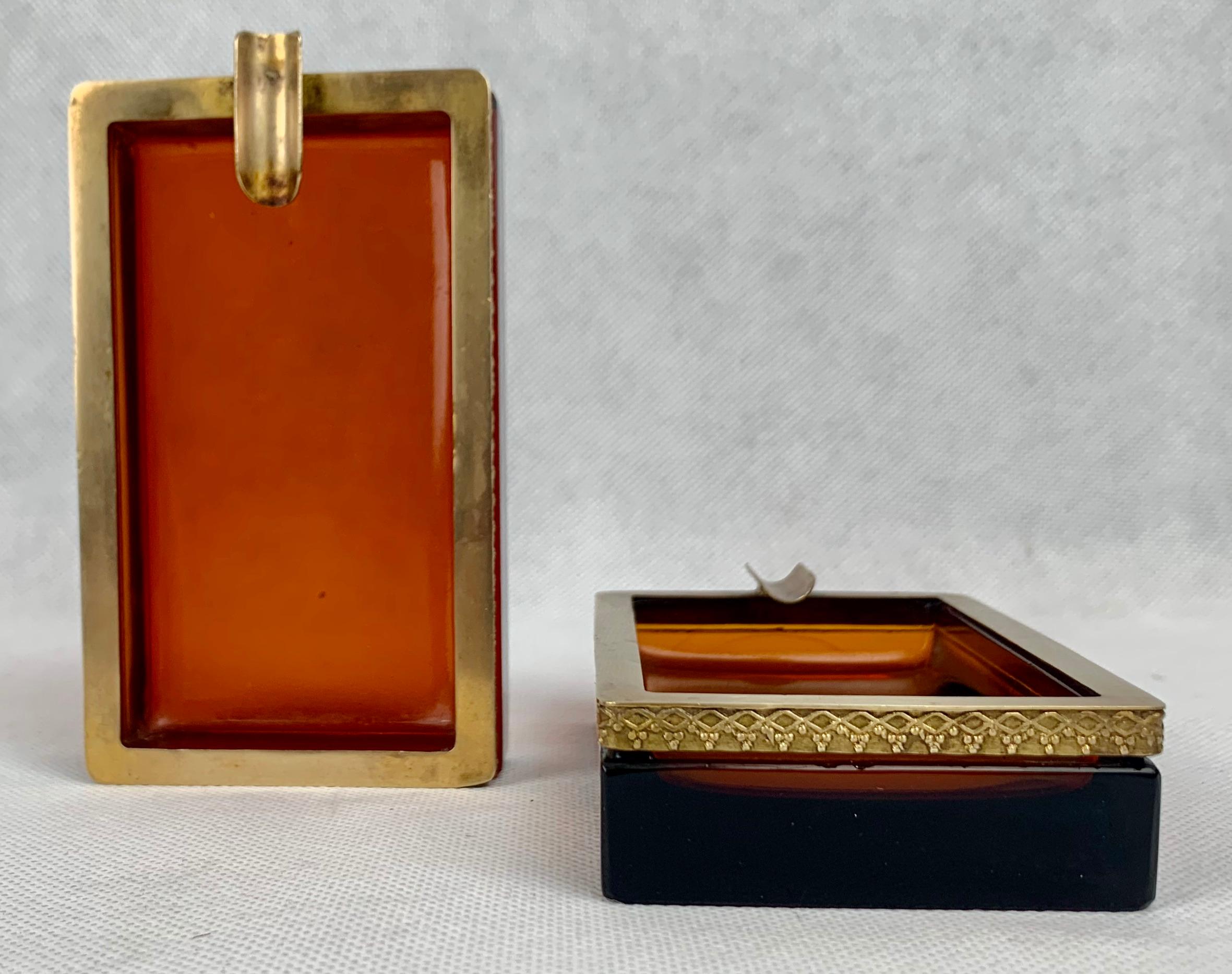 Italian Pair of Cenedese Murano Glass Amber Ashtrays with Gilt Border in Relief