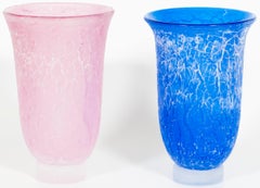 Pair of Cenedese Murano Glass Vases, 'Crackle' Texture in Pink and Cobalt Blue