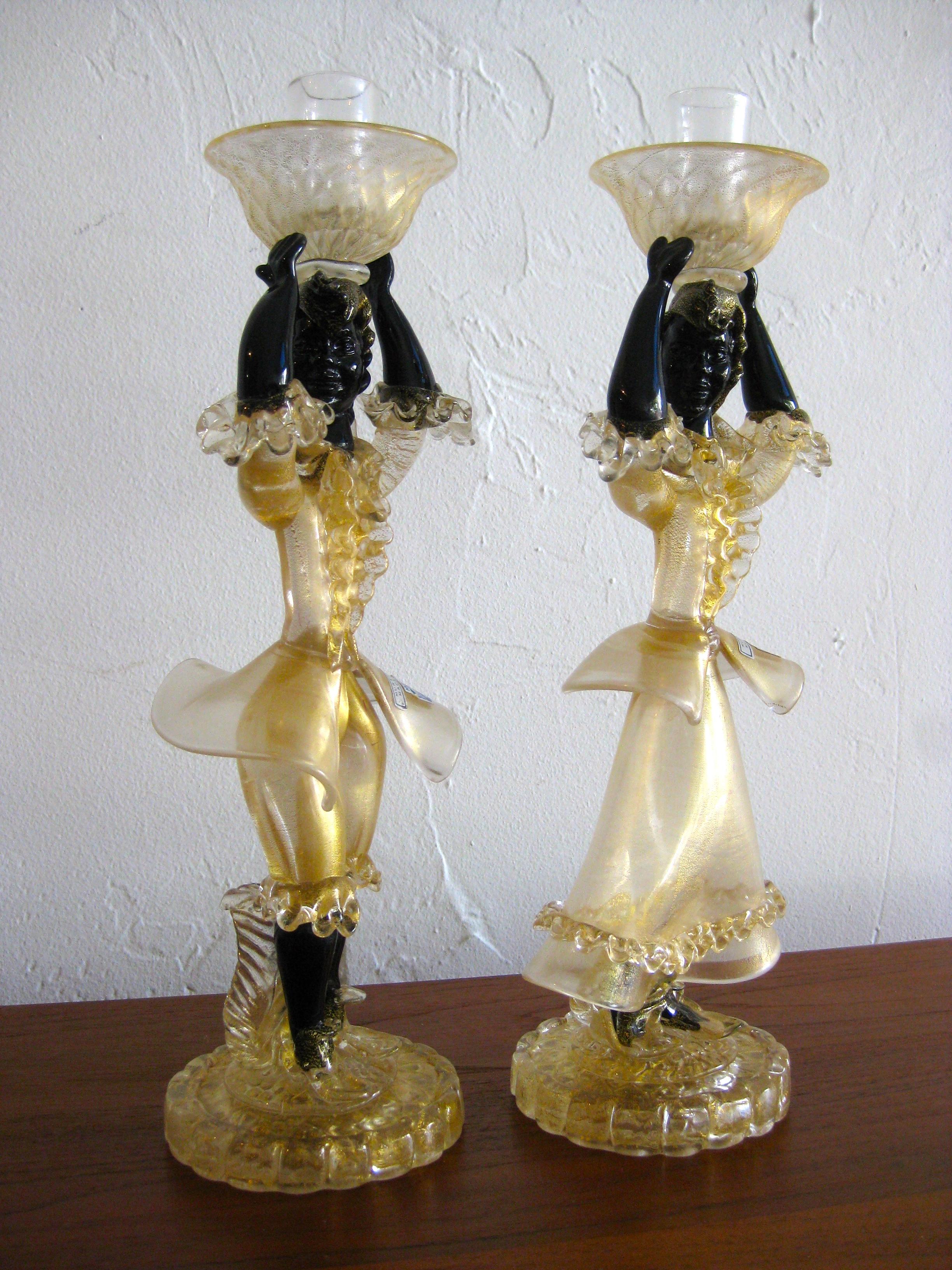 Pair of Cenedese Vetri Murano Gold Fleck Gilt Glass Figurines Candleholders 4