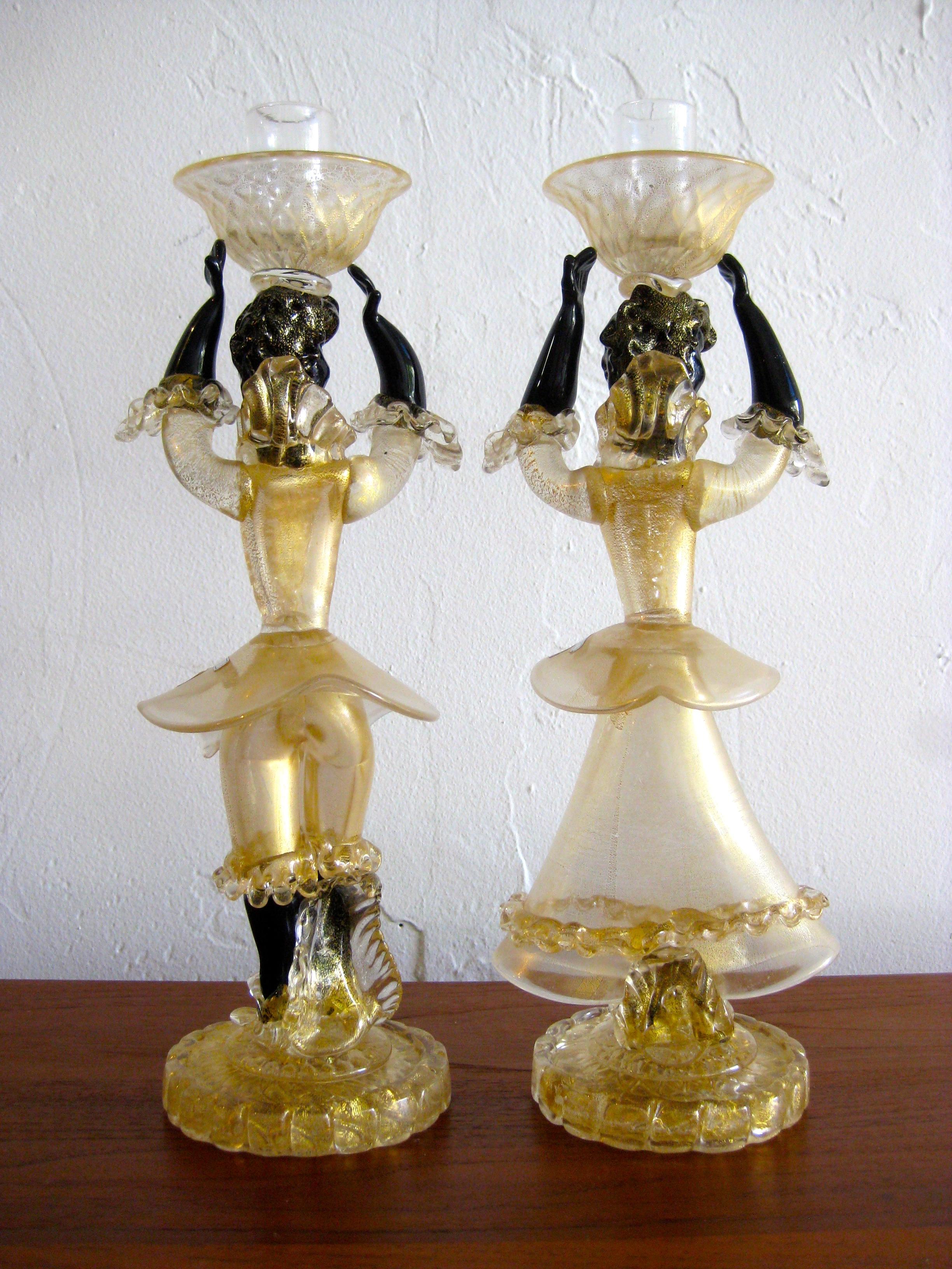 Pair of Cenedese Vetri Murano Gold Fleck Gilt Glass Figurines Candleholders 6