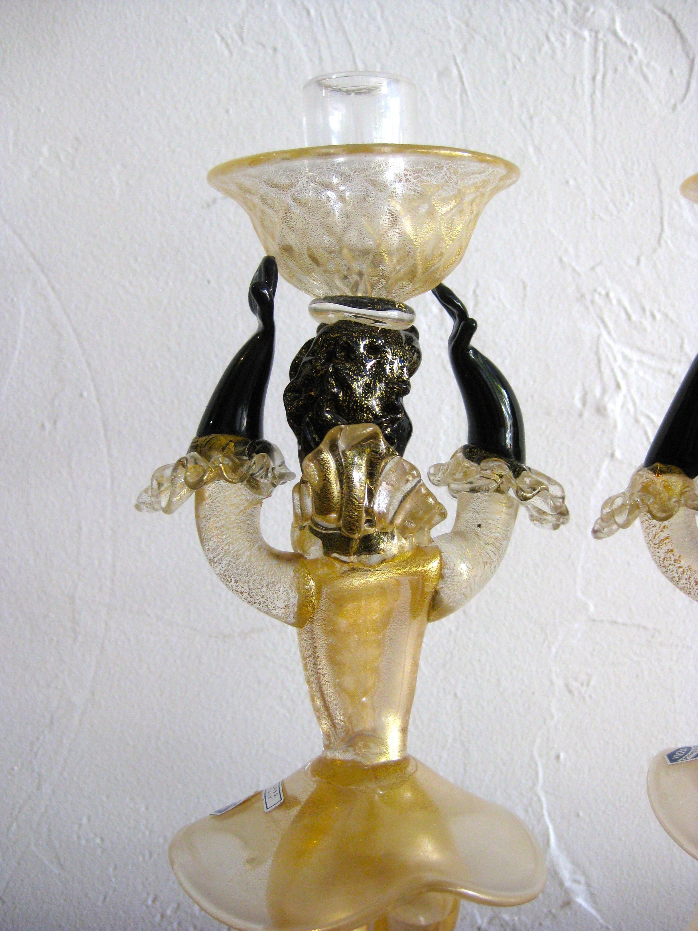 Paar Cenedese Vetri Murano Gold Fleck vergoldetem Glas Figurinen Kerzenhalter 7