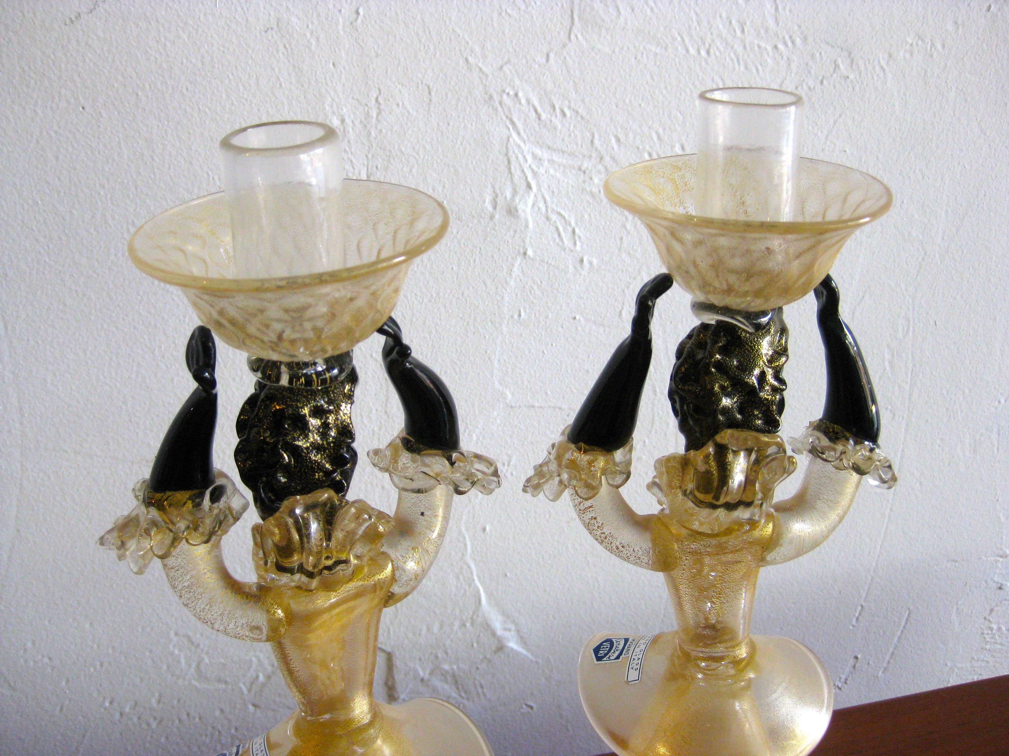 Pair of Cenedese Vetri Murano Gold Fleck Gilt Glass Figurines Candleholders 8