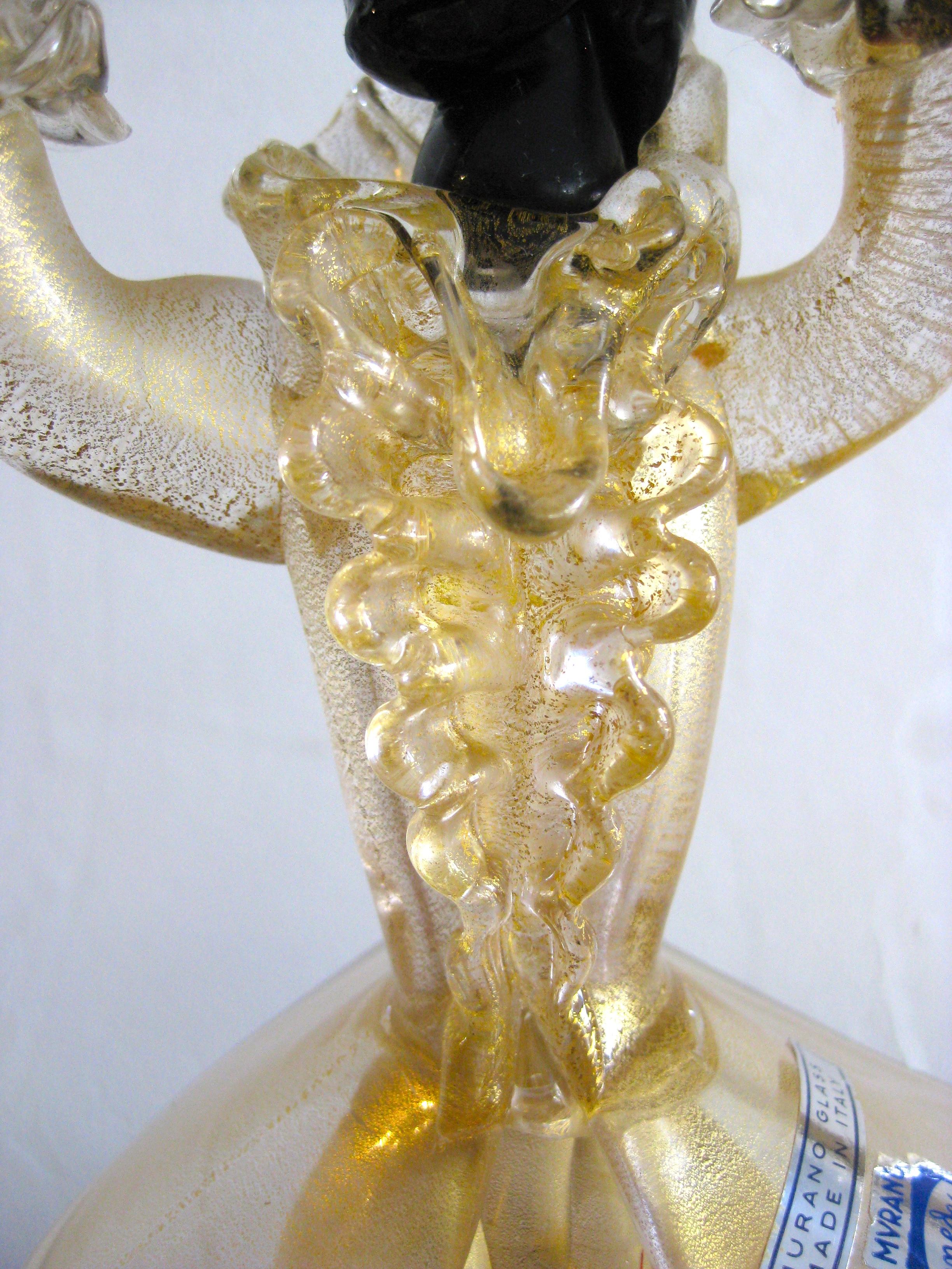 Pair of Cenedese Vetri Murano Gold Fleck Gilt Glass Figurines Candleholders 12