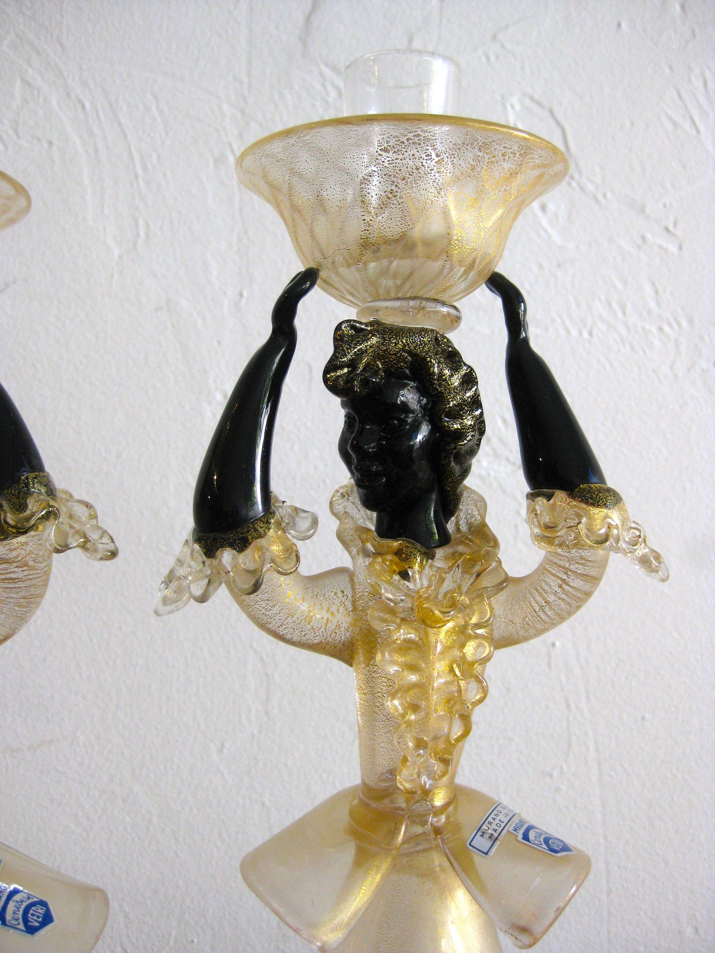 Pair of Cenedese Vetri Murano Gold Fleck Gilt Glass Figurines Candleholders In Excellent Condition In San Diego, CA