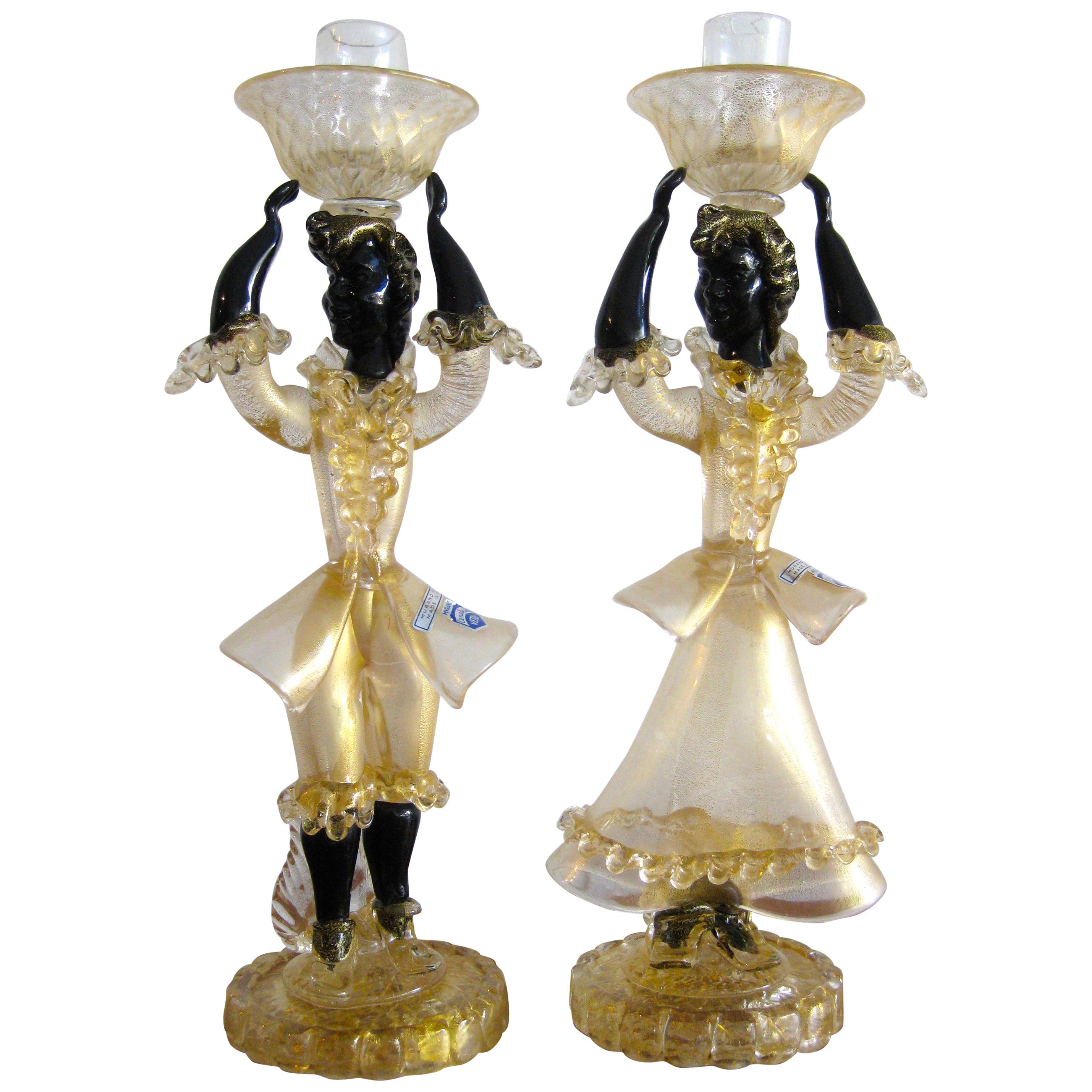 Pair of Cenedese Vetri Murano Gold Fleck Gilt Glass Figurines Candleholders