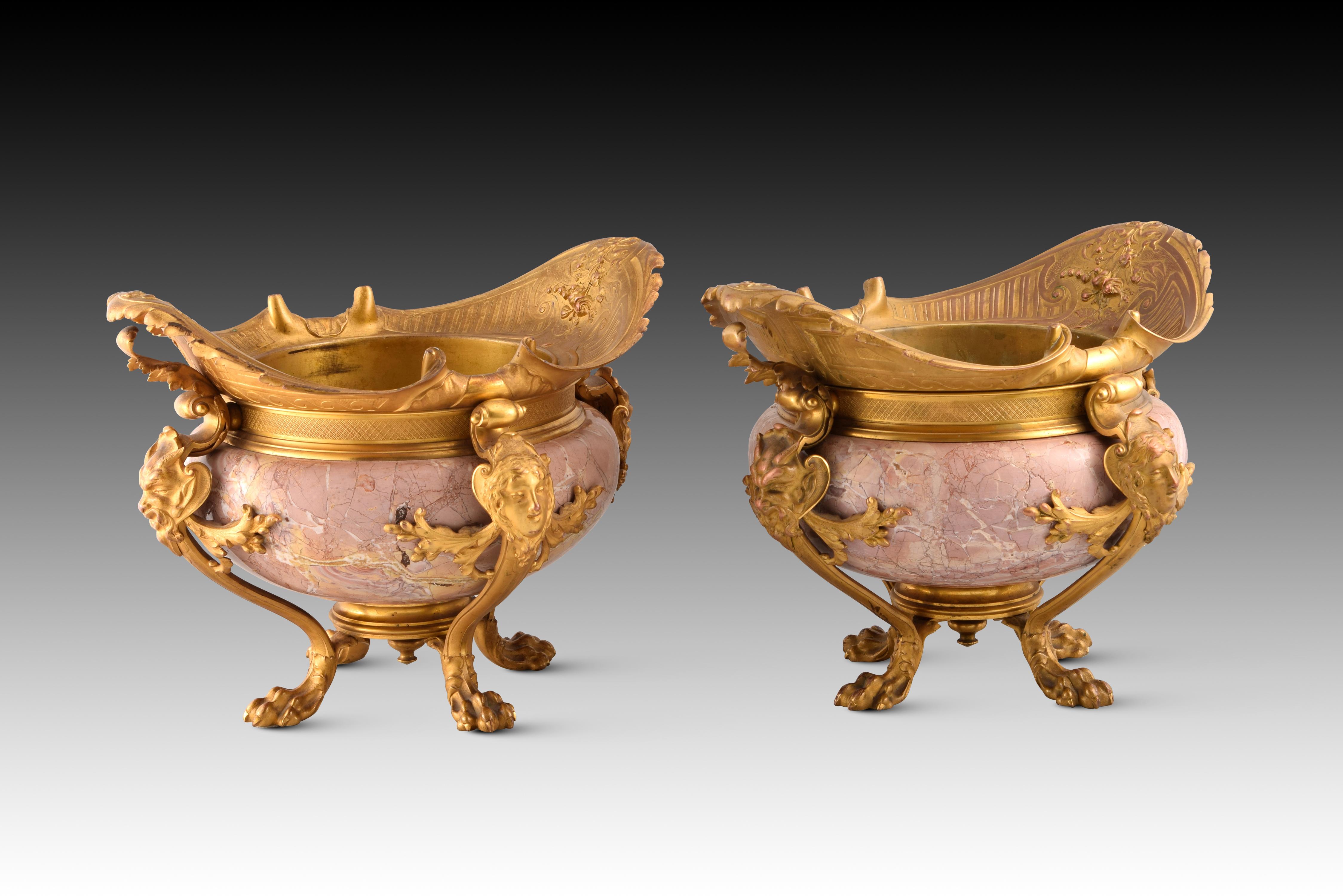 French Pair of Centerpieces. Ormolu, Marble. France, Late 19th Century