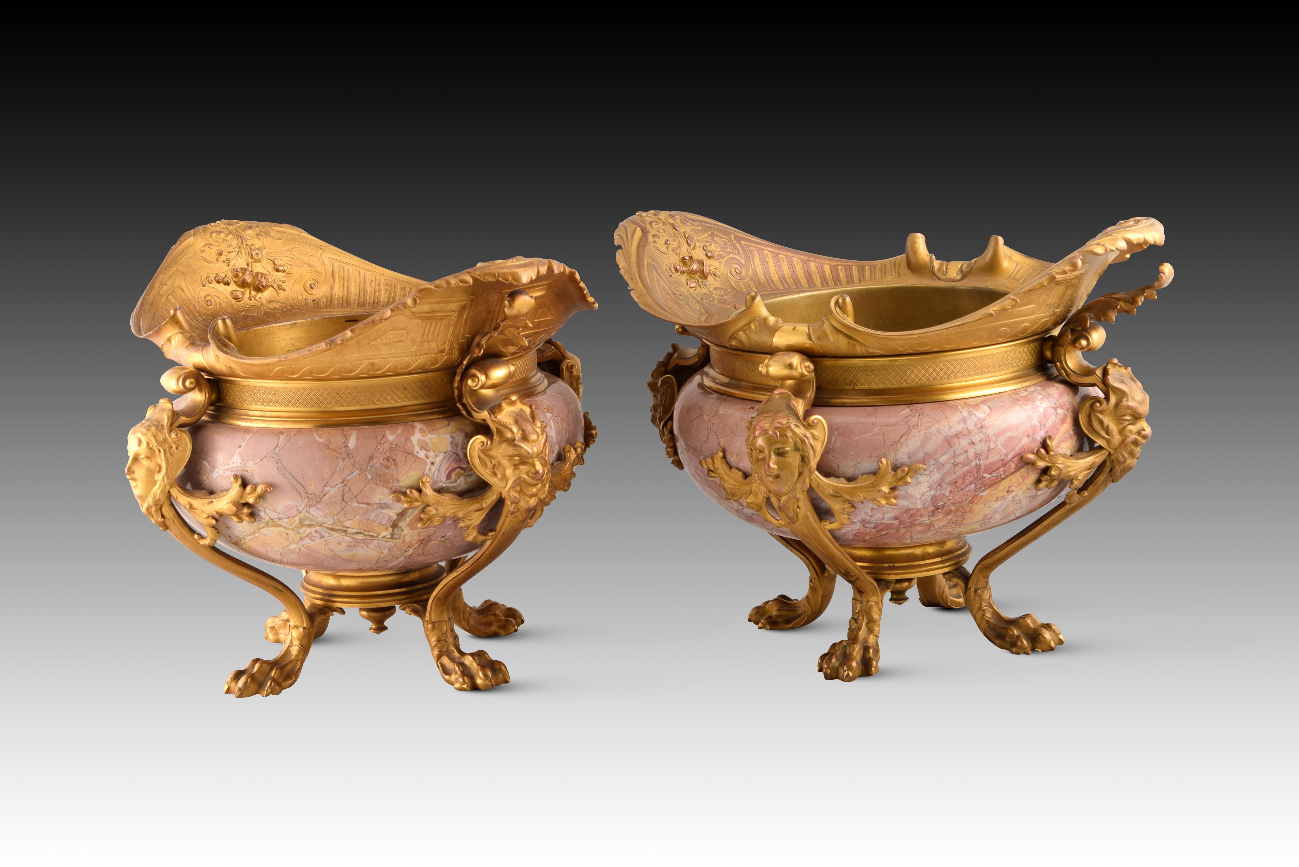 Bronze Pair of Centerpieces. Ormolu, Marble. France, Late 19th Century