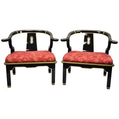 Pair of Century Black Lacquer Oriental James Mont Ming Style Horseshoe Armchairs