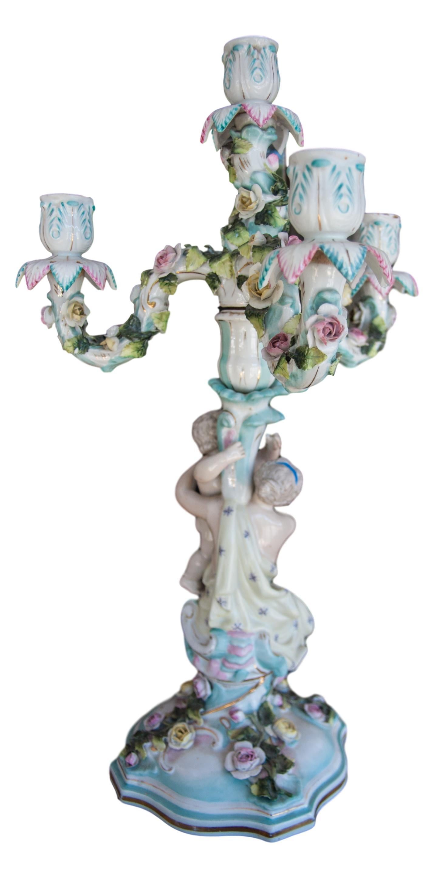 German Pair of Century Dresden Porcelain Candlesticks, circa Late 19th Century