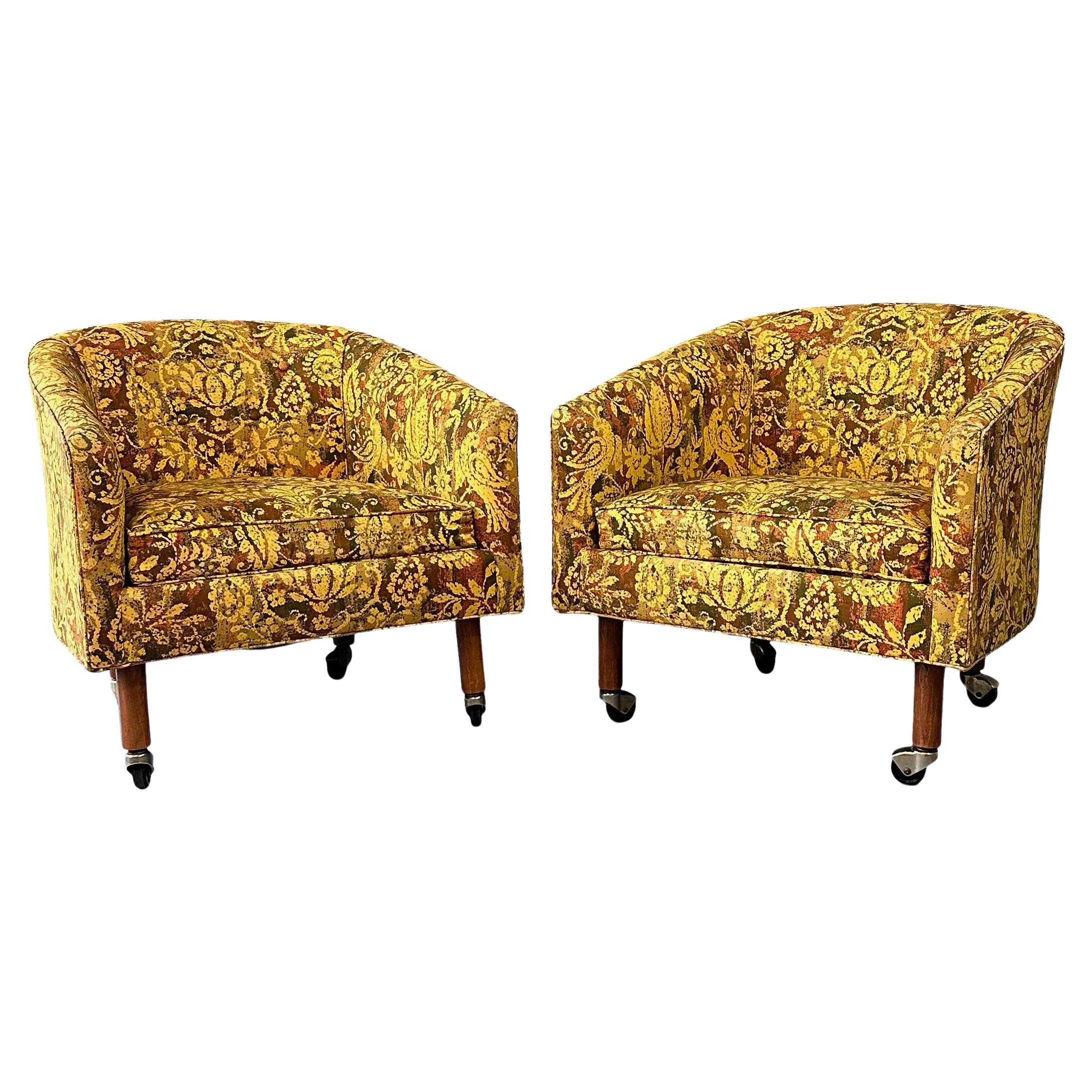 Pair of Century Furniture Cos Barrel Back Chairs with Walnut Legs and Casters