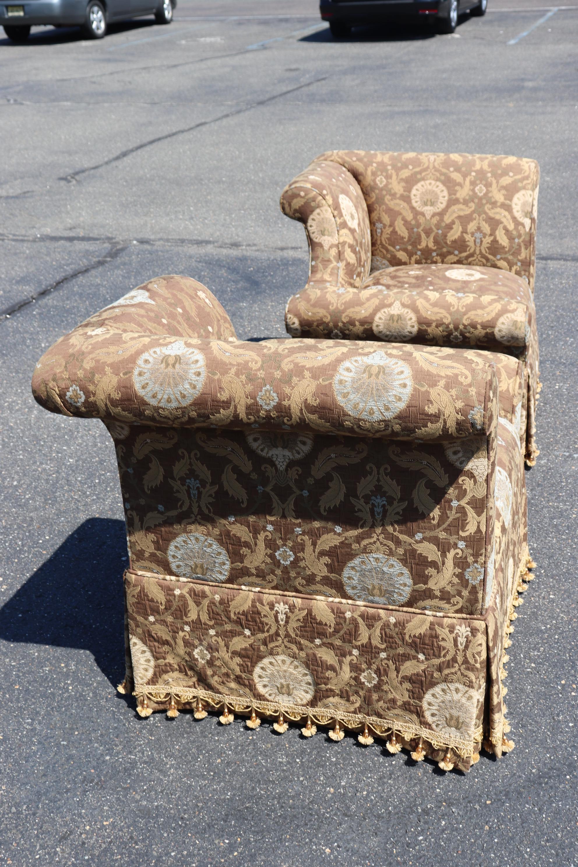 Hollywood Regency Pair of Century Furniture Upholstered Corner Lounge Chairs 