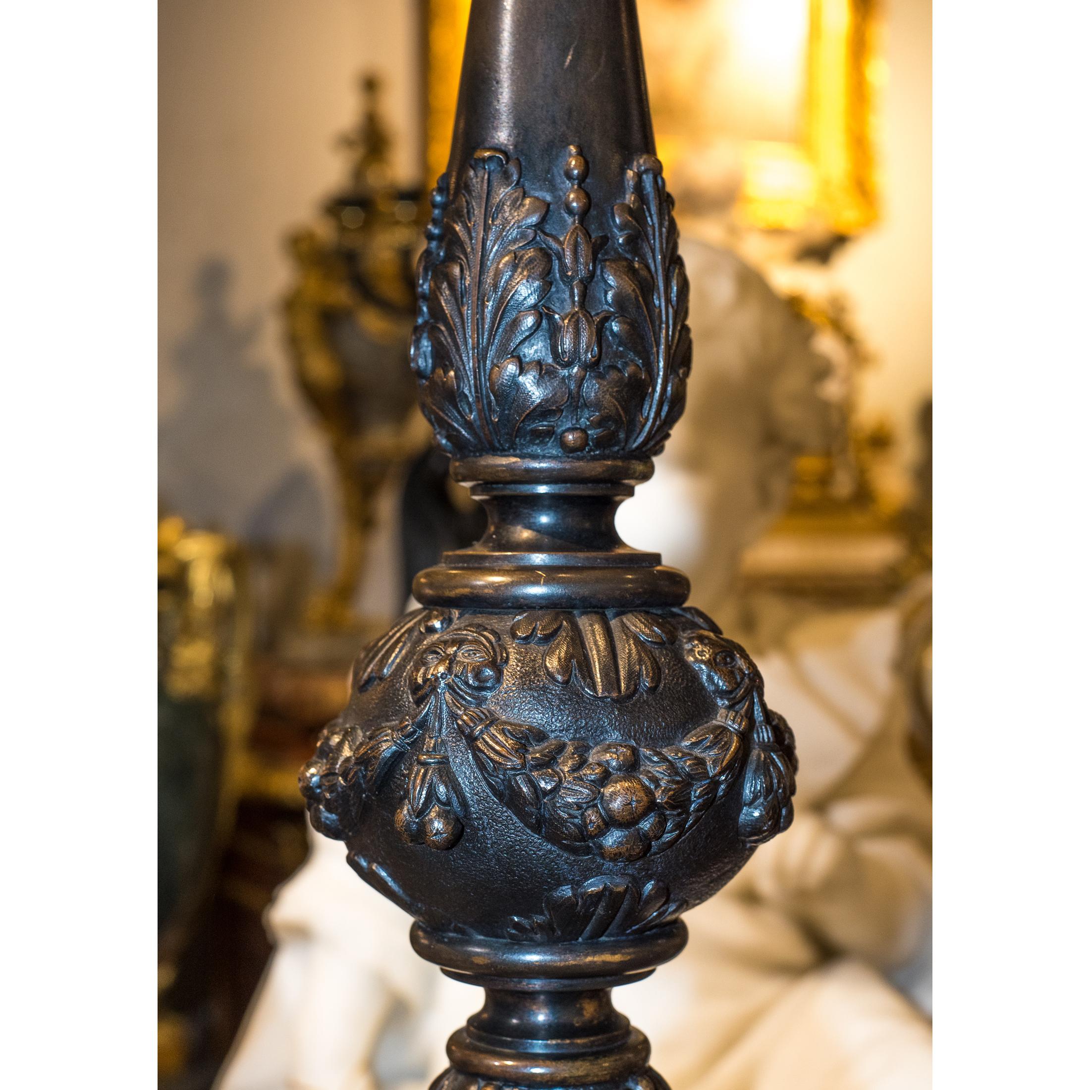 Pair of Néo-Renaissance Patinated Bronze and Carved Marble Floor Lamps 2
