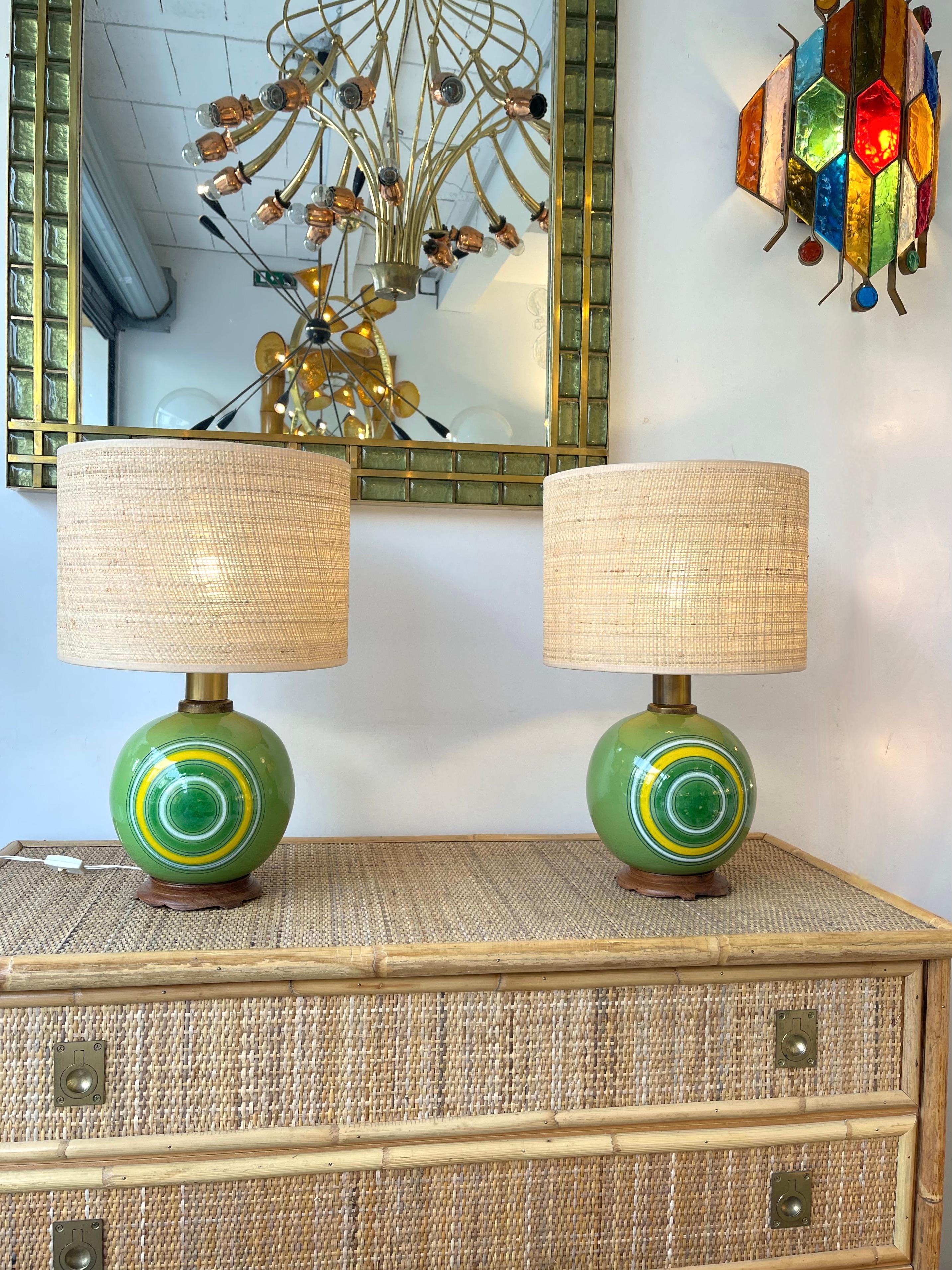 Italian Pair of Ceramic and Brass Lamps by Aldo Londi for Bitossi, Italy, 1970s