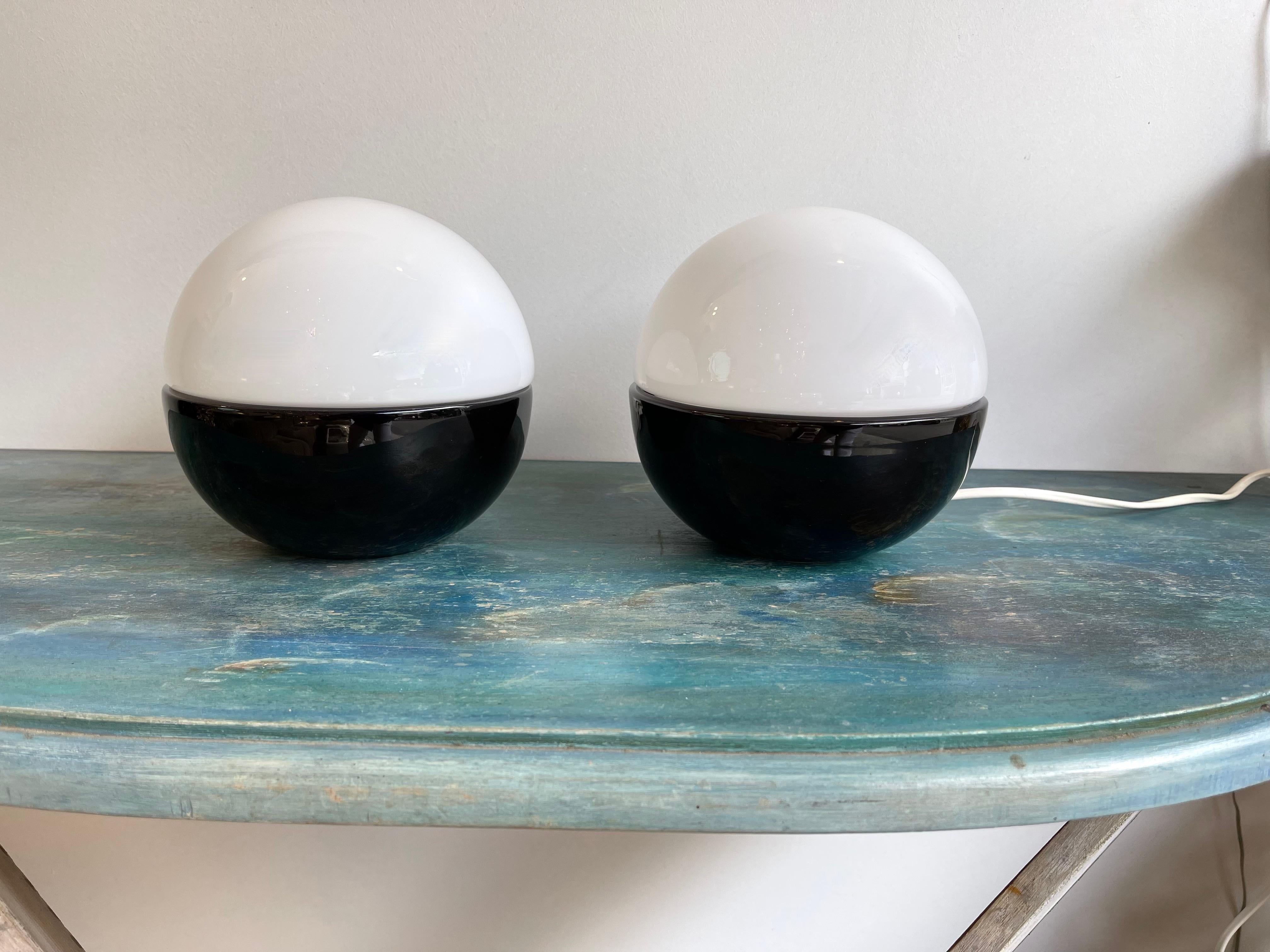 Space Age Pair of Ceramic and Opaline Glass Ball Lamps by Alvino Bagni. Italy, 1970s