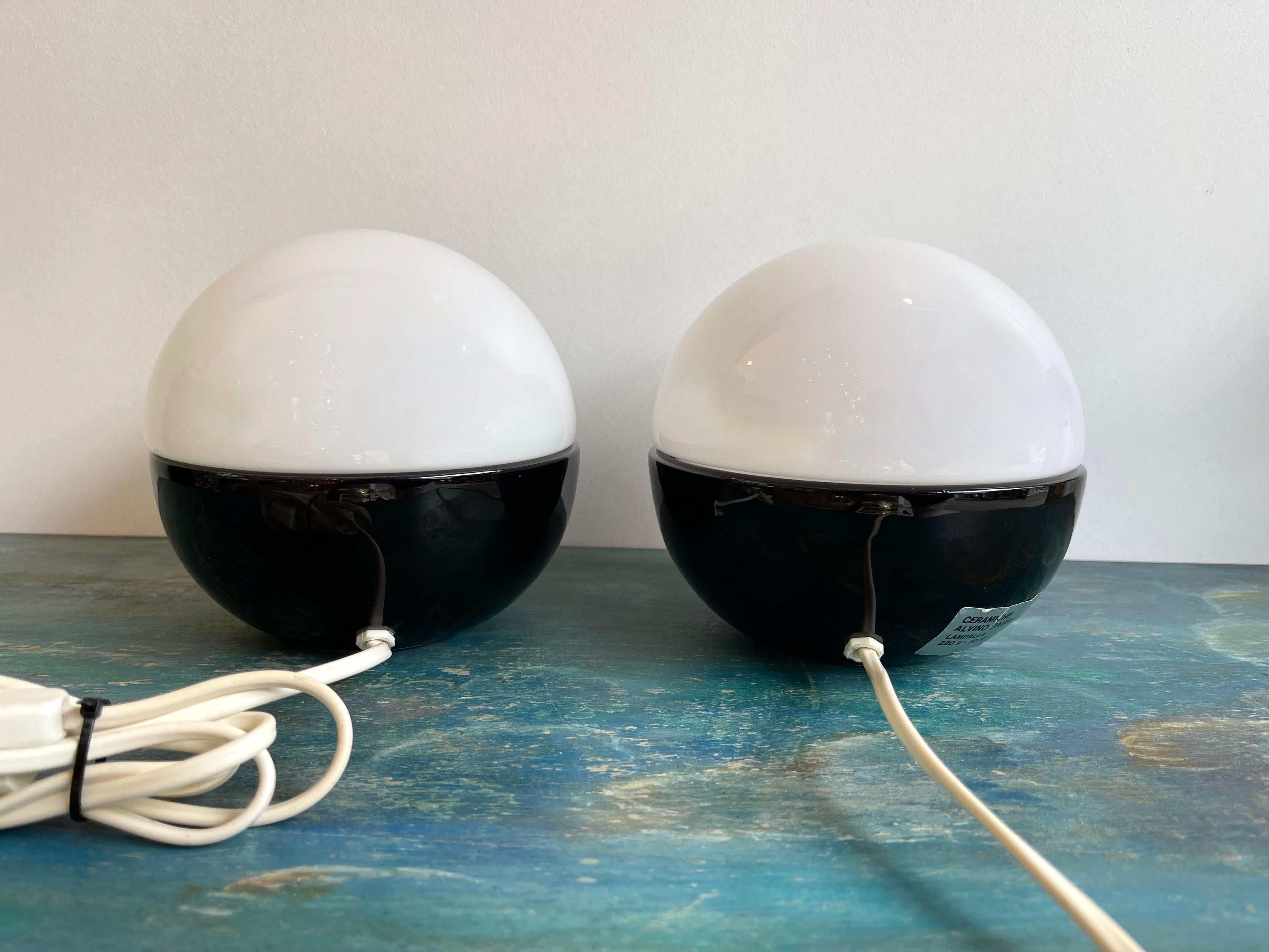 Late 20th Century Pair of Ceramic and Opaline Glass Ball Lamps by Alvino Bagni. Italy, 1970s