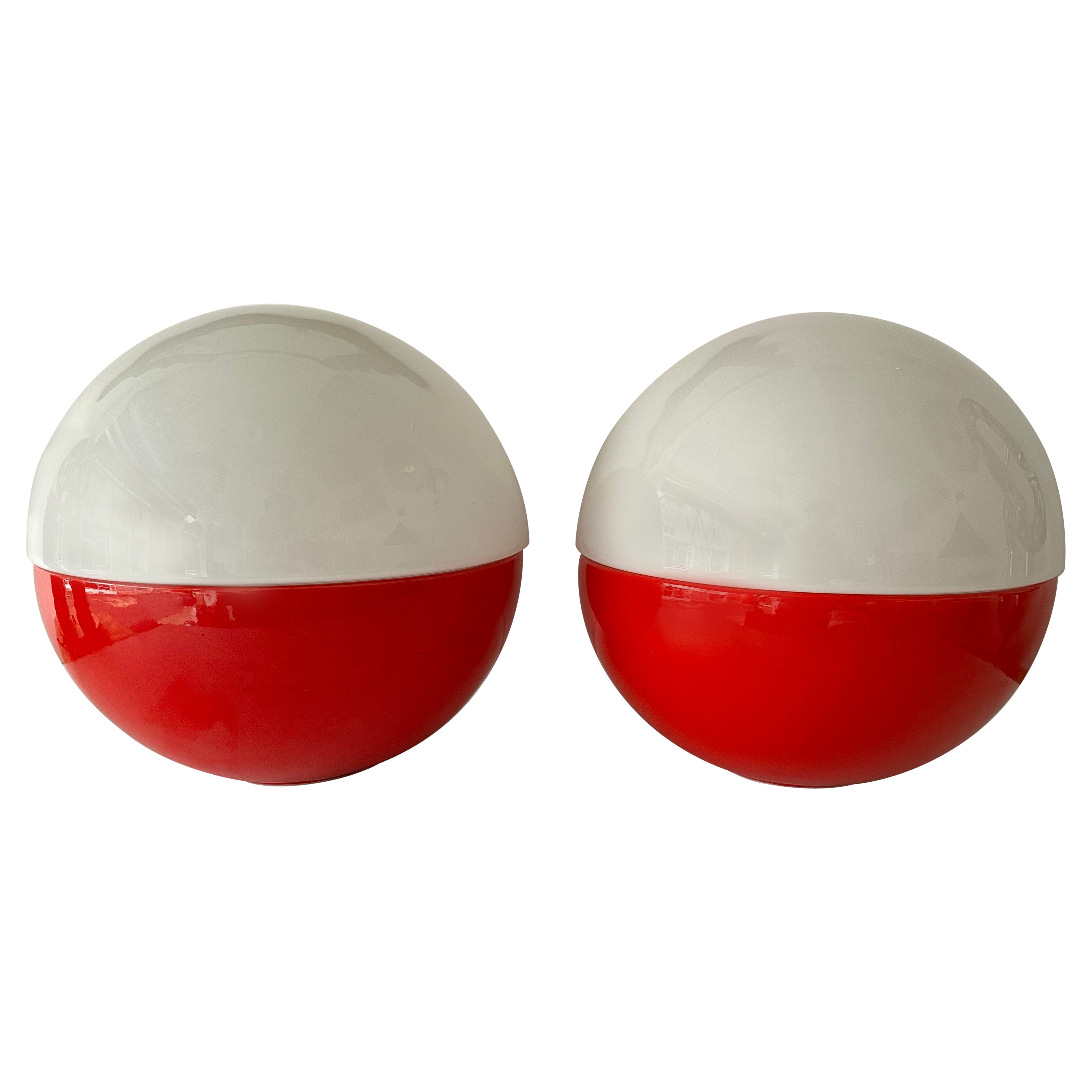 Pair of Ceramic and Opaline Glass Ball Lamps by Alvino Bagni. Italy, 1970s
