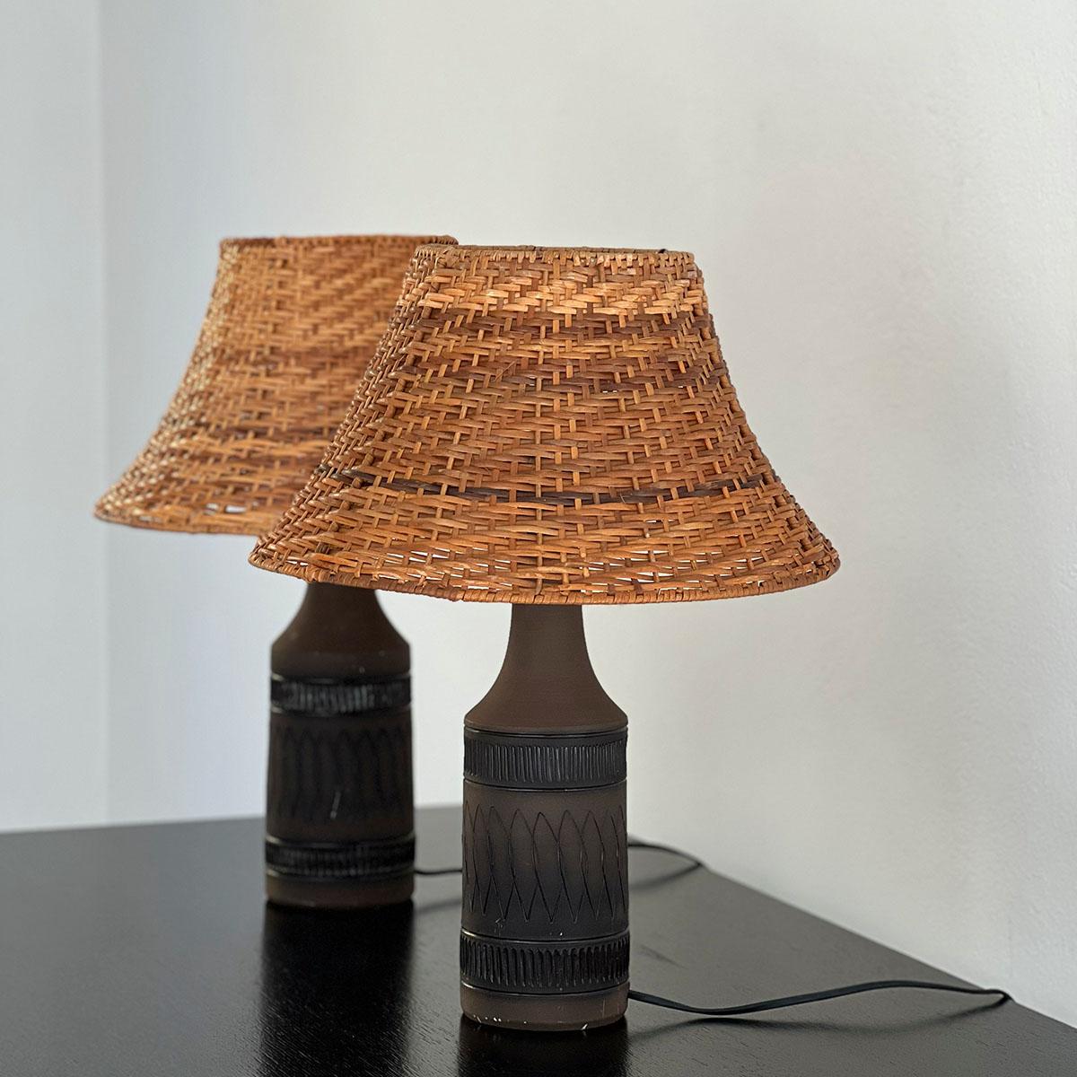 Swedish Pair of Ceramic and Rattan Table Lamps by Nila, 1960s