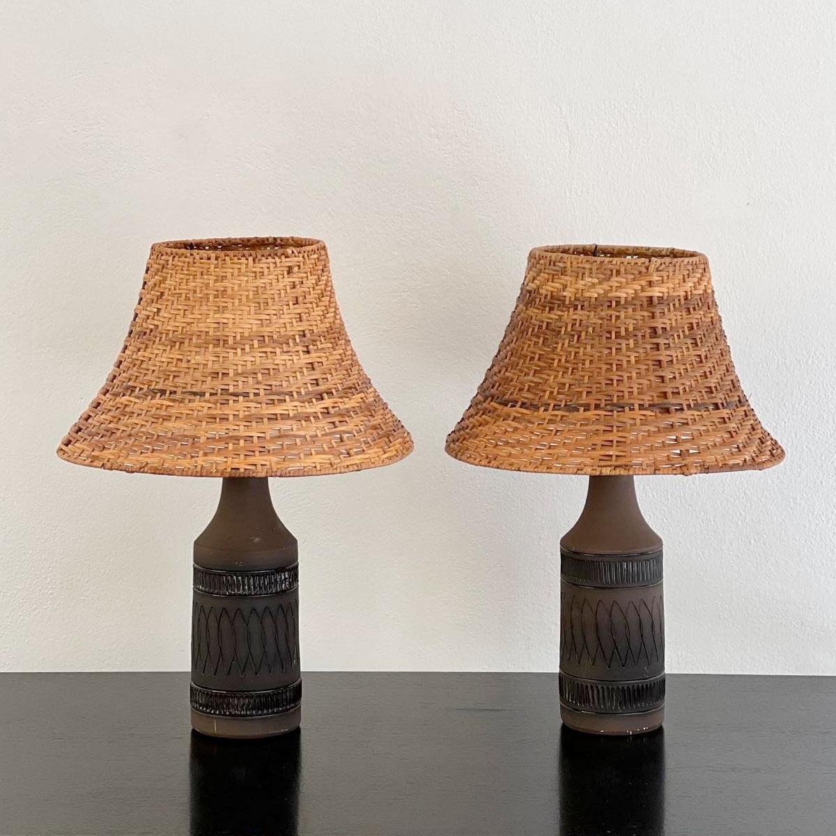 Mid-20th Century Pair of Ceramic and Rattan Table Lamps by Nila, 1960s