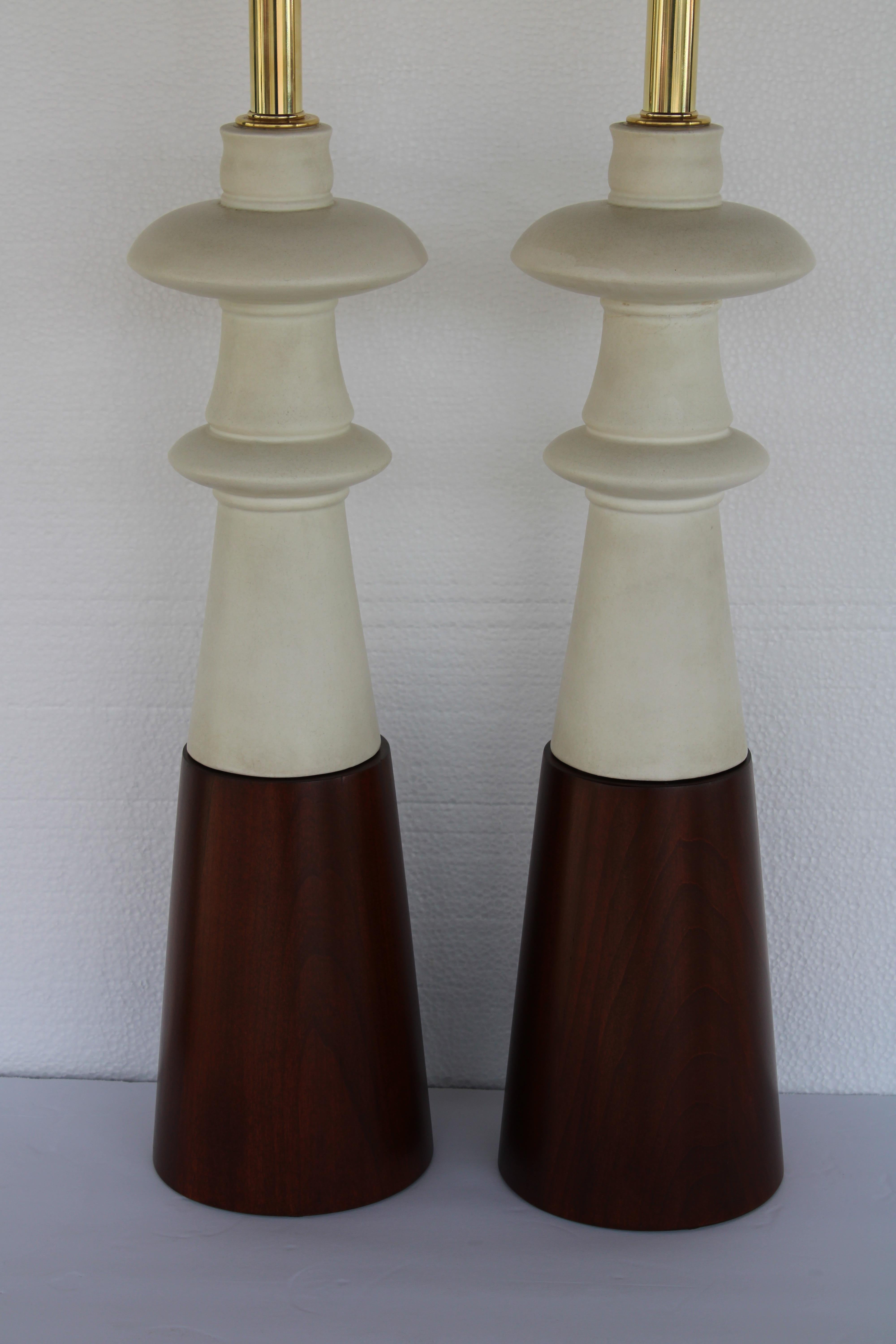 Mid-Century Modern Pair of Ceramic and Wood Table Lamps