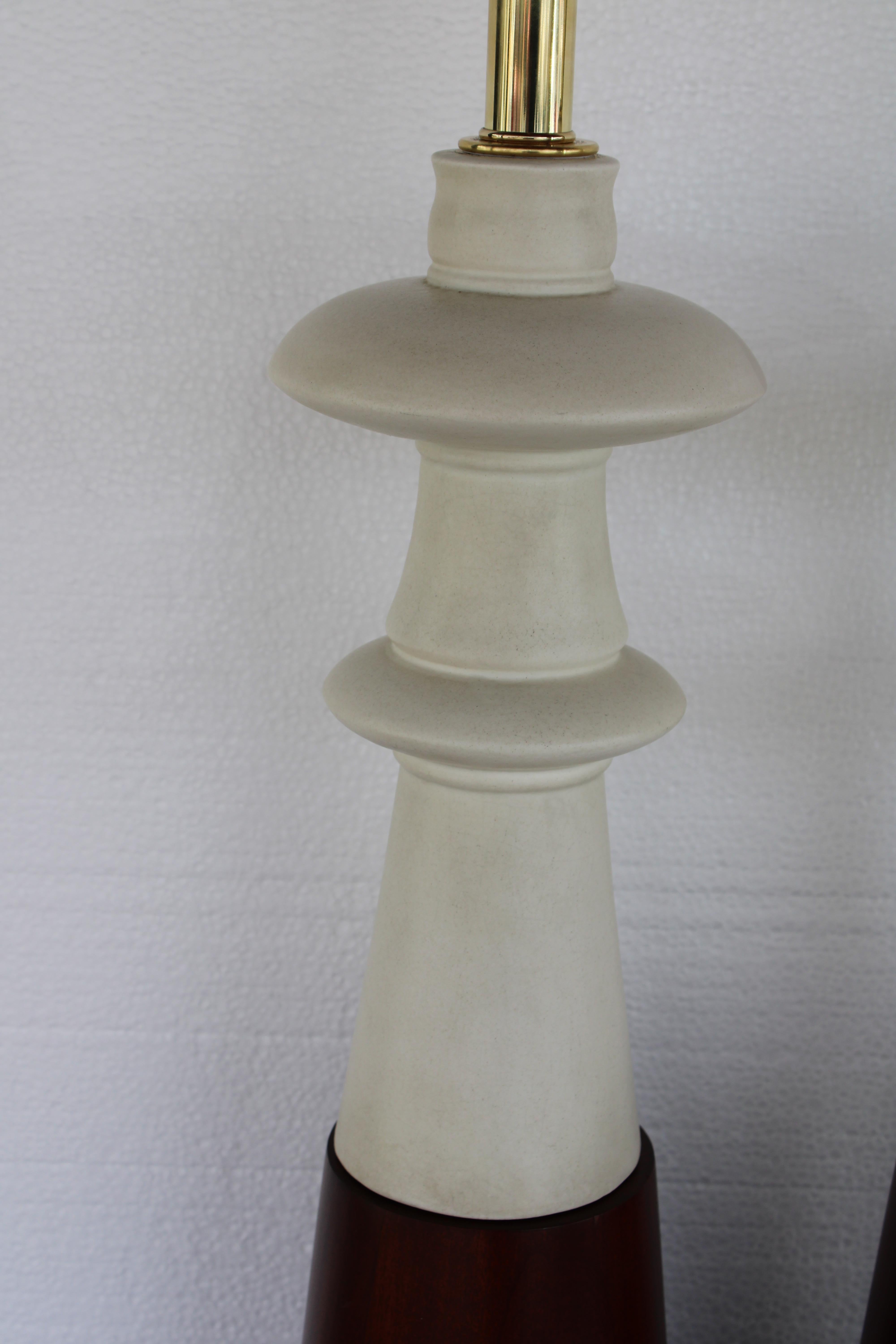 American Pair of Ceramic and Wood Table Lamps