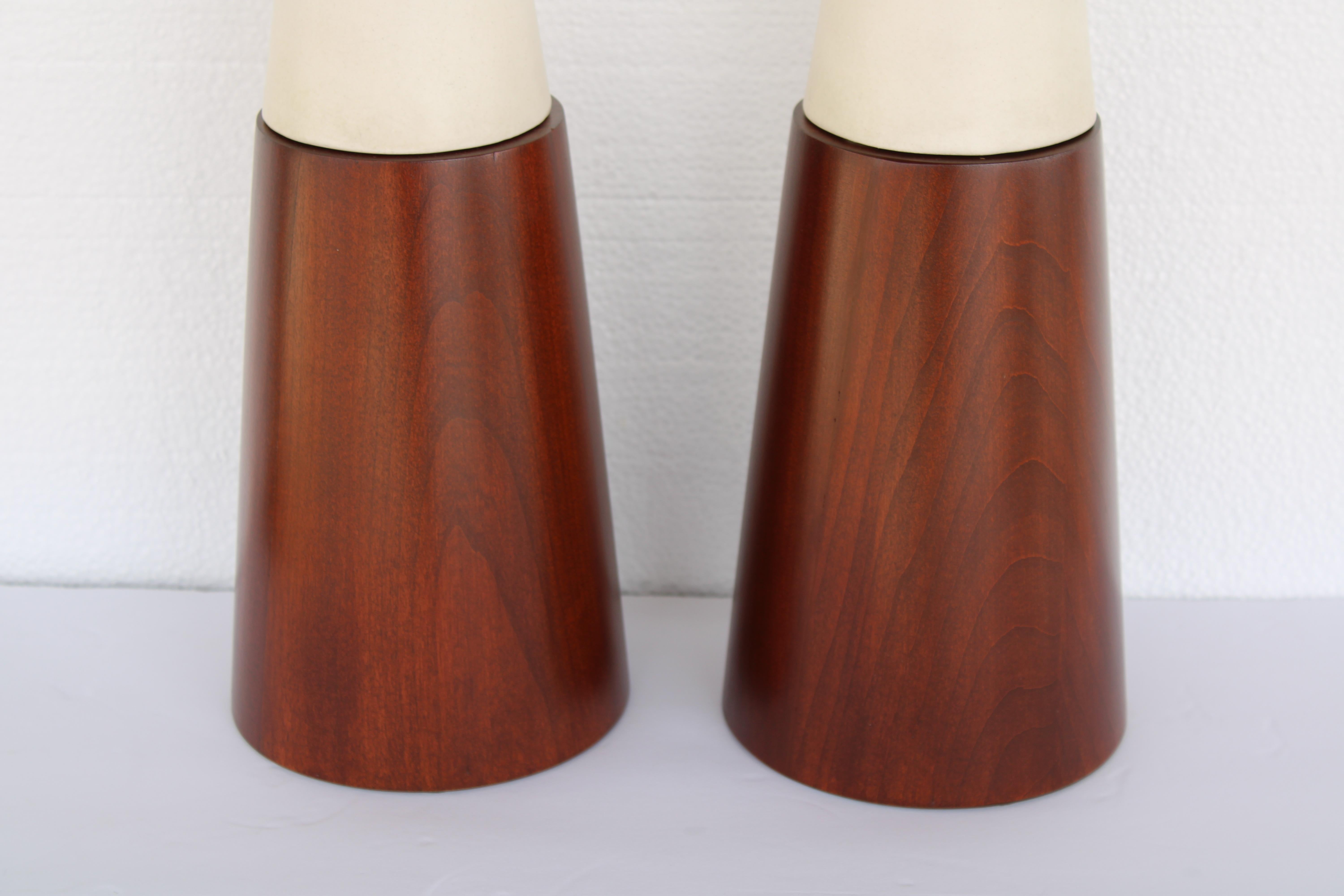 Pair of Ceramic and Wood Table Lamps In Good Condition In Palm Springs, CA