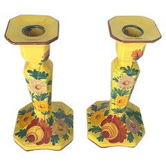 Coppia di portacandele in ceramica Art Deco 1940 di Saint Clement Francia Colore giallo