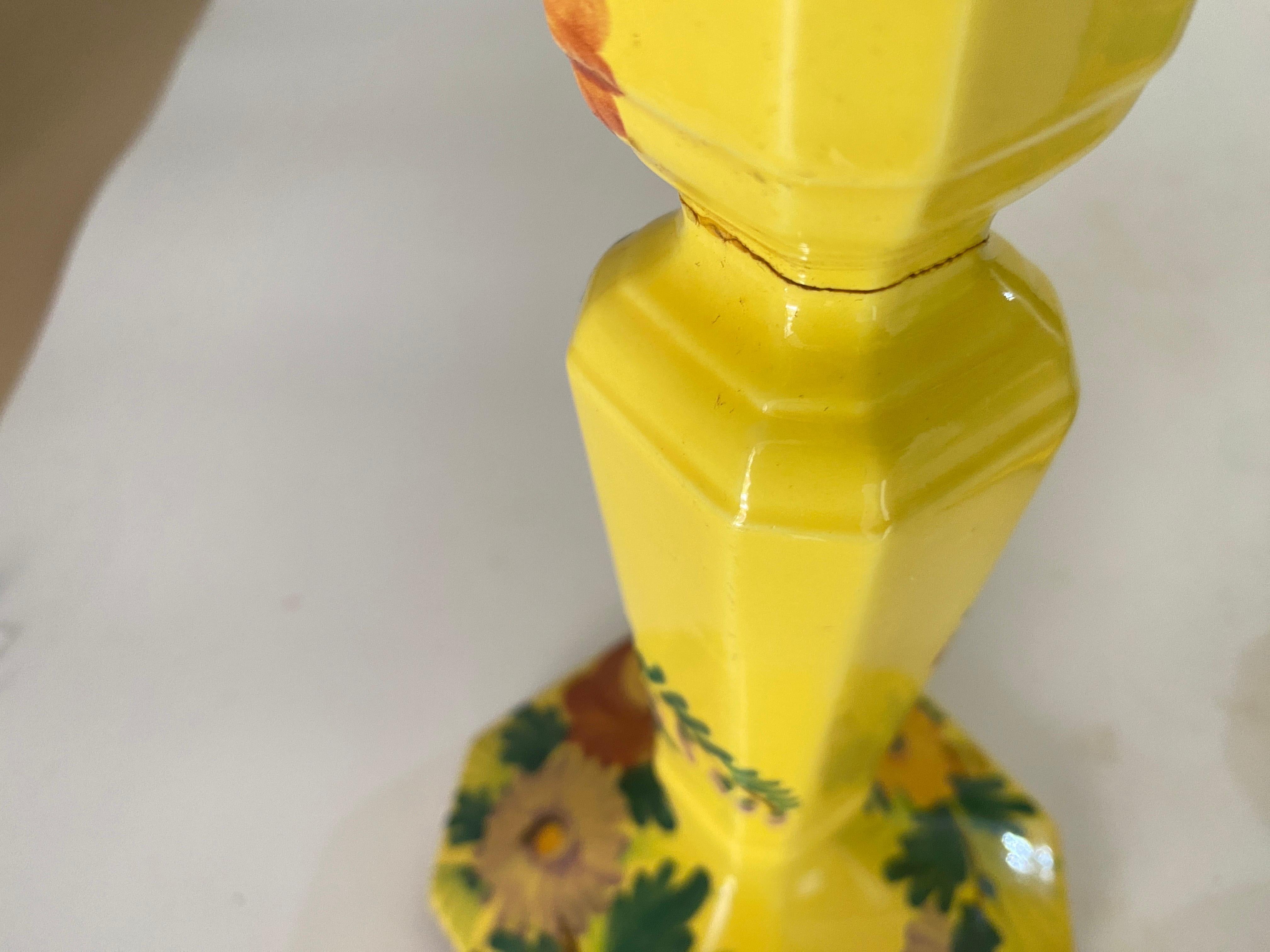 Pair of Ceramic Art Deco 1940 Candleholders by Saint Clement France Yellow Color In Fair Condition For Sale In Auribeau sur Siagne, FR