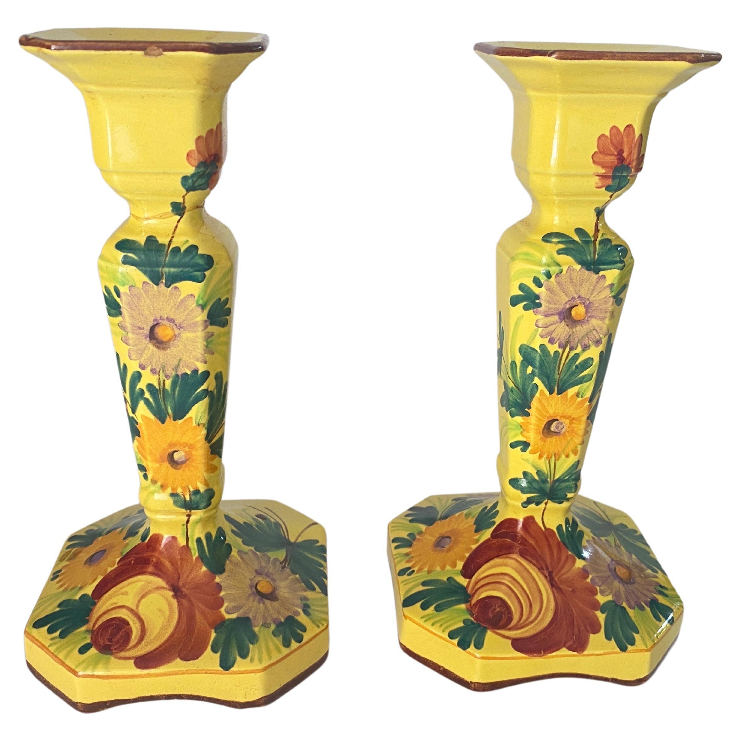 Paar Kerzenhalter aus Keramik im Art déco-Stil von Saint Clement, Frankreich, gelbe Farbe, 1940 im Angebot