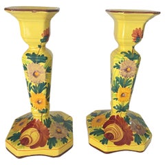 Pair of Ceramic Art Deco 1940 Candleholders by Saint Clement France Yellow Color