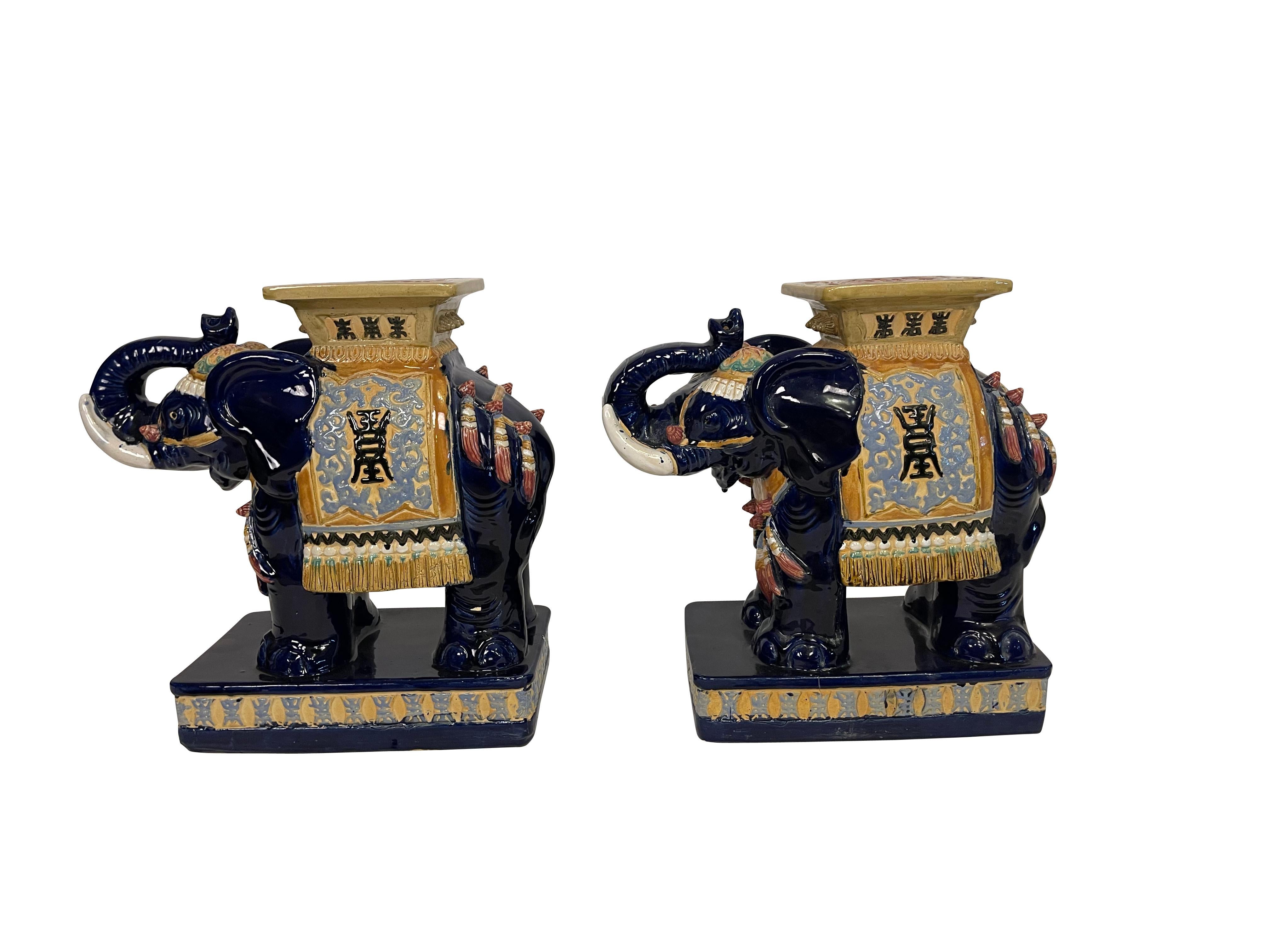 Chinese Pair of Ceramic Asian Cobalt Blue Elephant Garden Stools