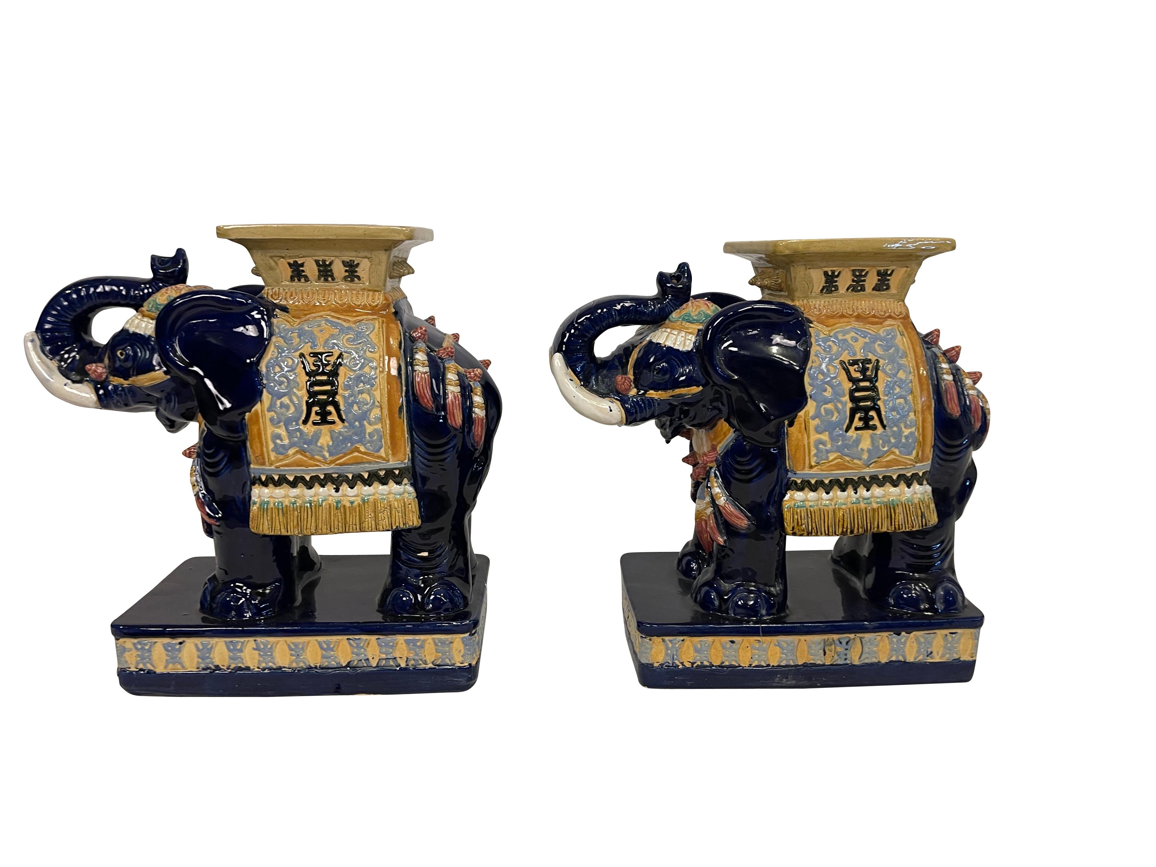 Hand-Crafted Pair of Ceramic Asian Cobalt Blue Elephant Garden Stools