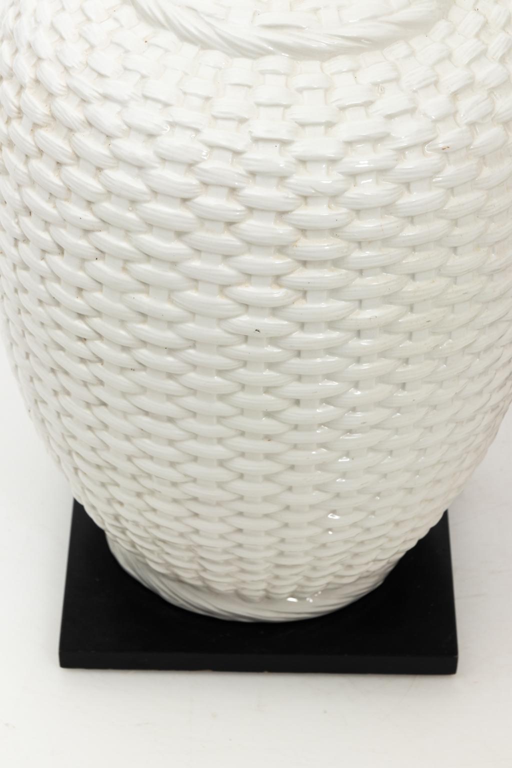 Glazed Pair of Ceramic Basket Weave Lamps