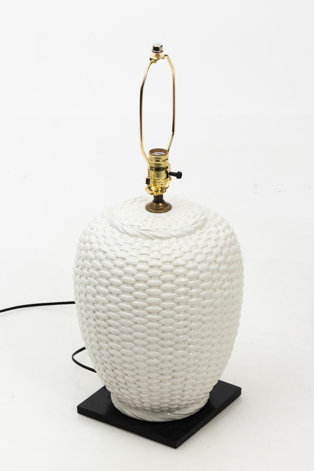 Pair of Ceramic Basket Weave Lamps In Good Condition In Stamford, CT