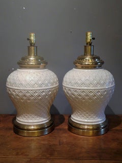 Pair of Ceramic Basket-Weave Paul Hanson Lamps with Ivory Crackle Glaze, 1955
