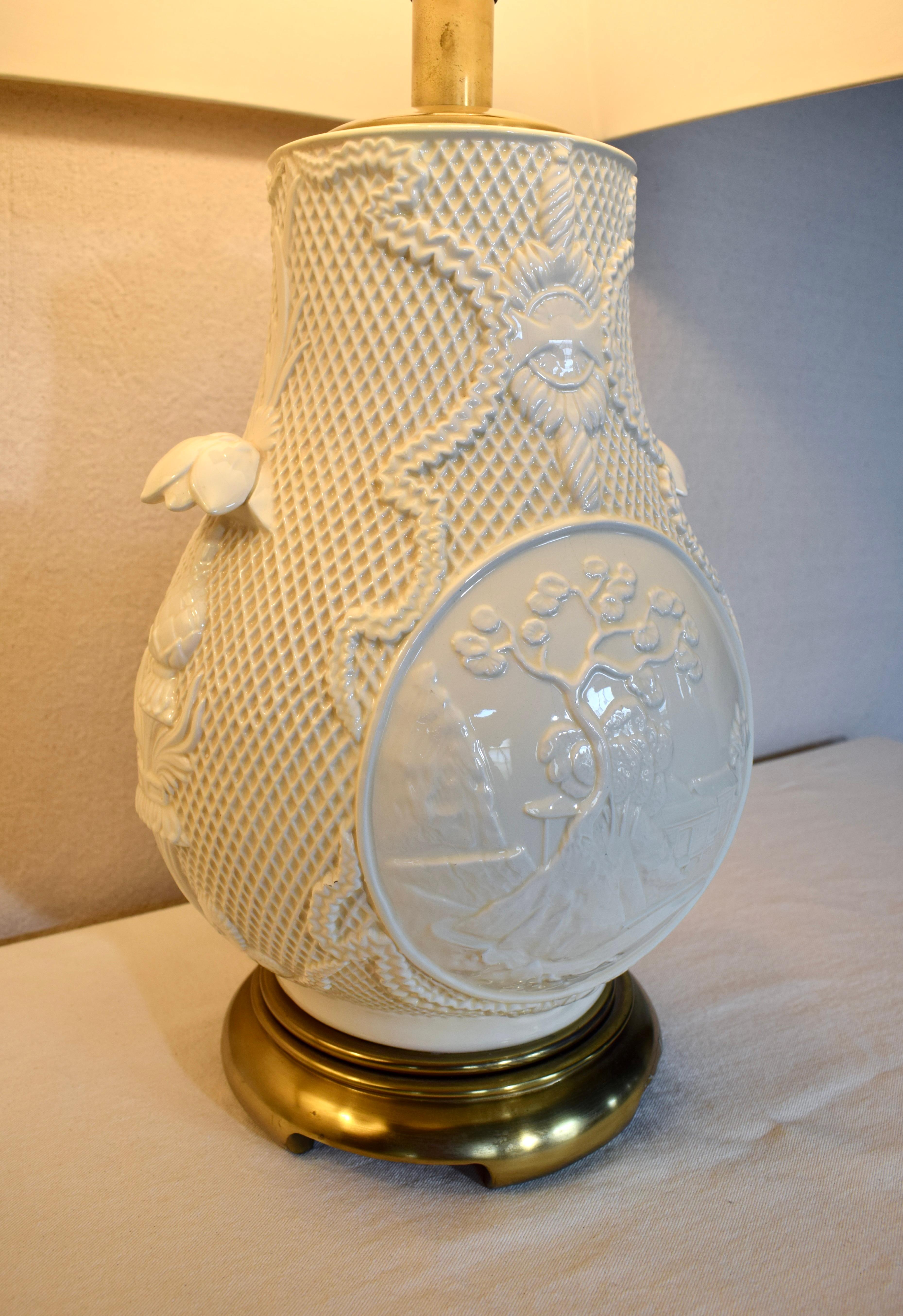 American Pair of Ceramic Basket-Weave Paul Hanson Table Lamps For Sale