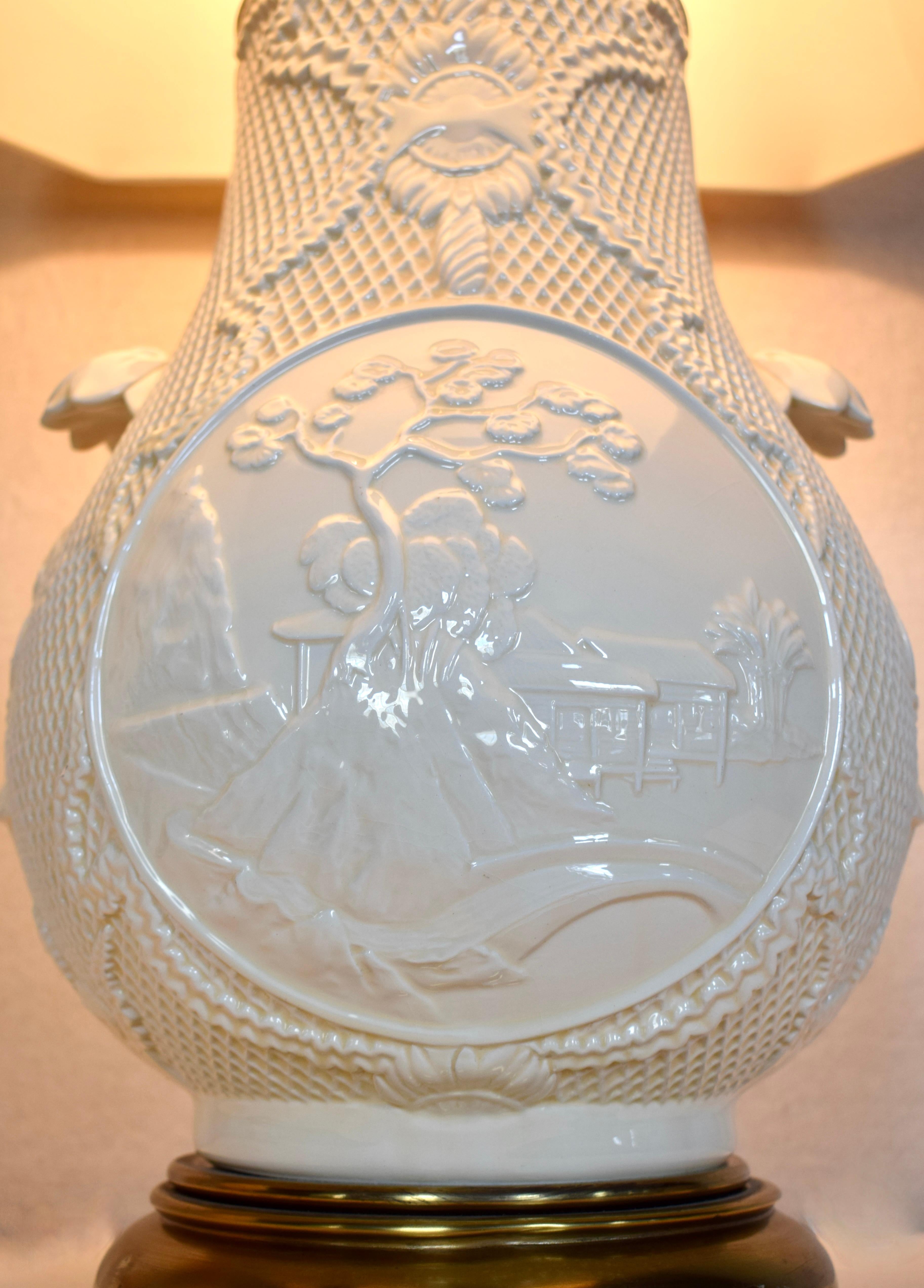 20th Century Pair of Ceramic Basket-Weave Paul Hanson Table Lamps For Sale