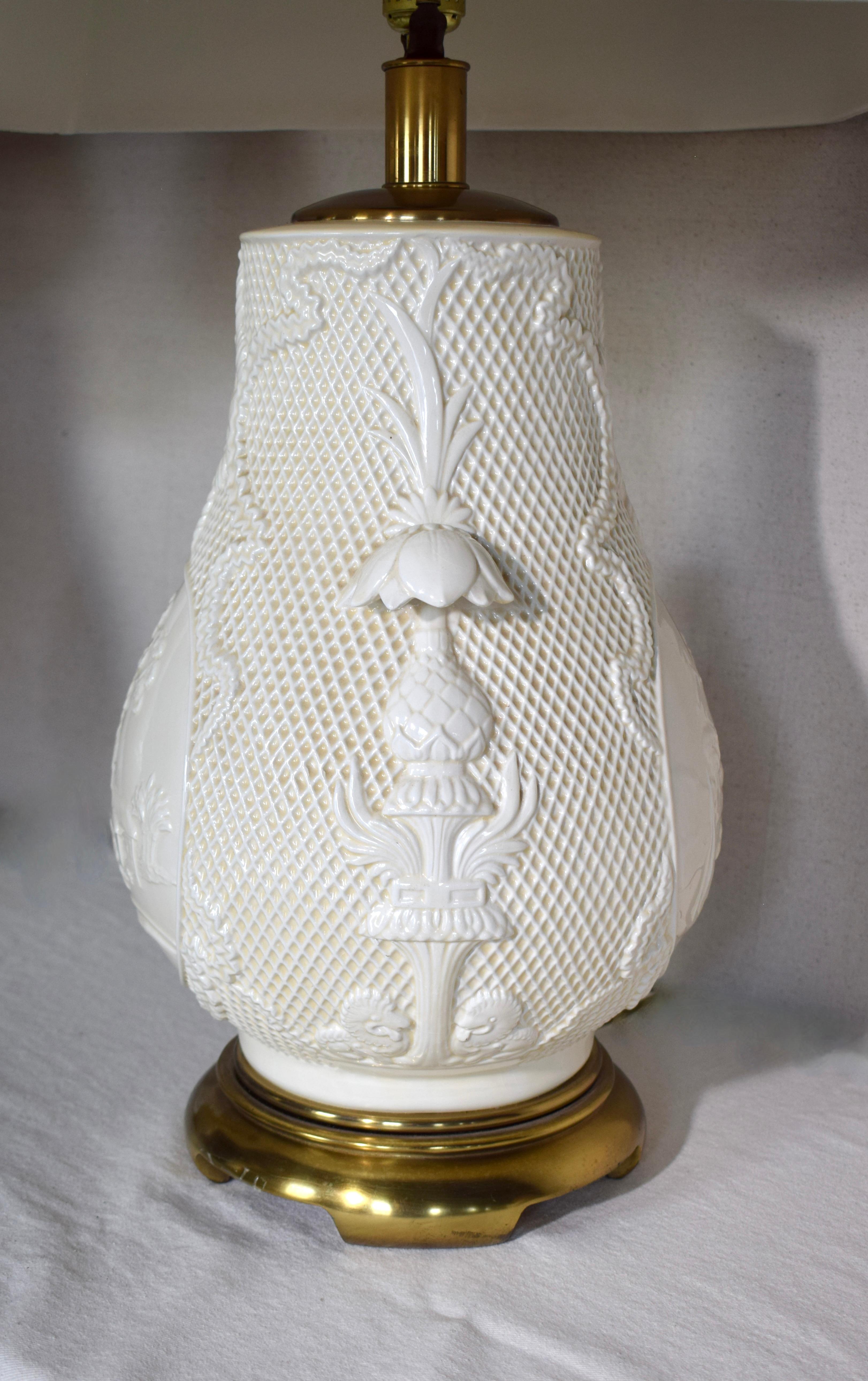 Brass Pair of Ceramic Basket-Weave Paul Hanson Table Lamps For Sale